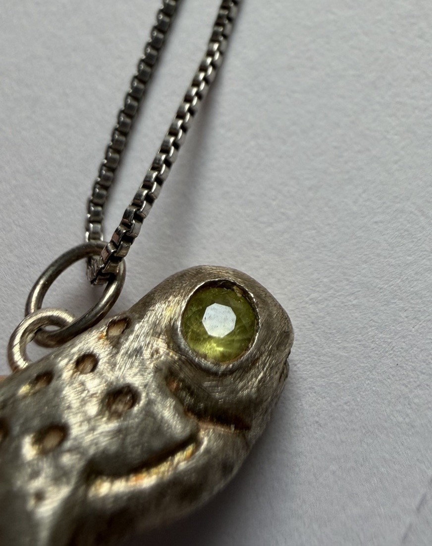 Handmade Sculpted Art Clay Silver & Peridot Gem Tadpole Pendant Charm