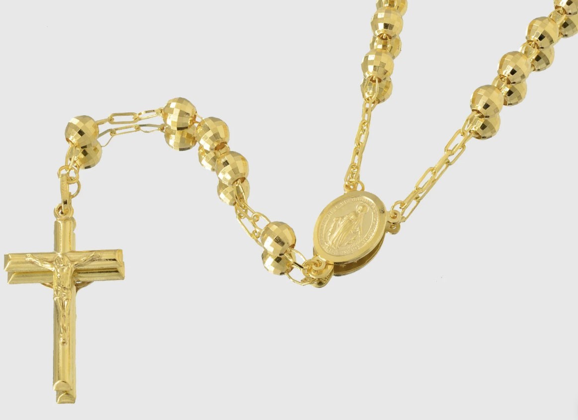 26″ 7mm Diamond Cut Rosary Crucifix Chain Necklace 14K Yellow Gold Plated Silver