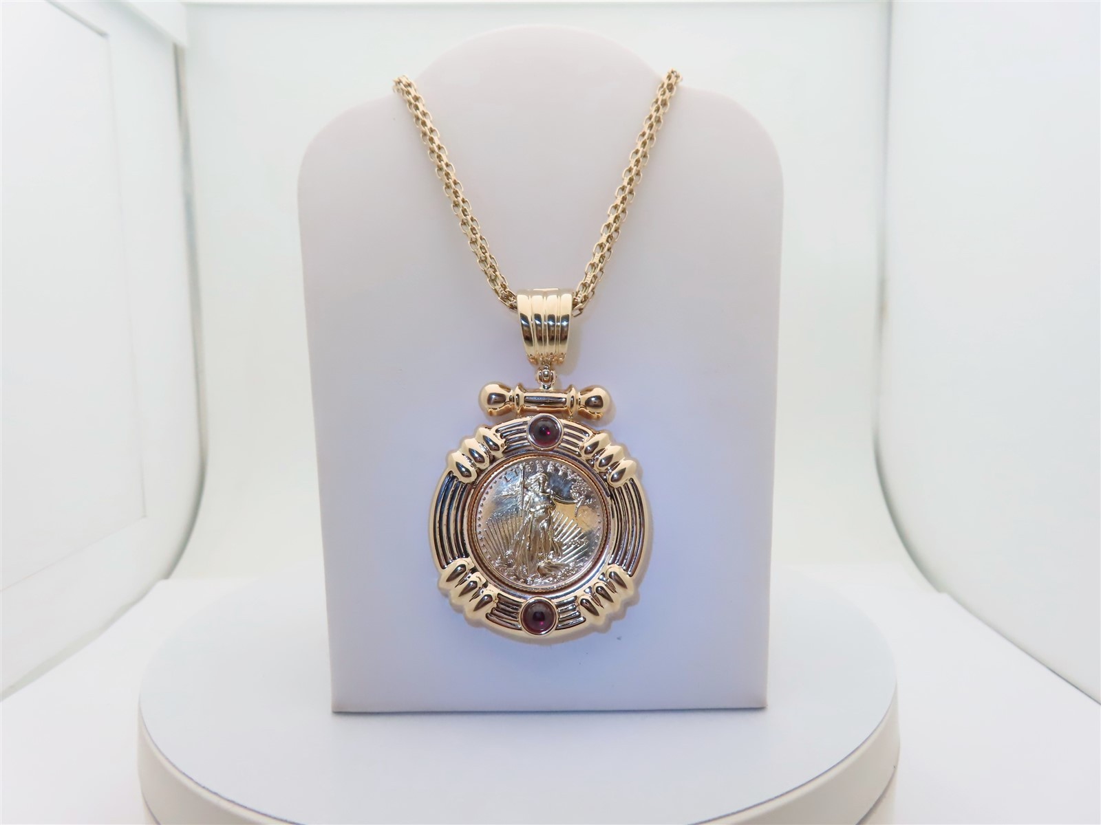 1997 Gold Eagle Coin Bullion Necklace $10 1/4 oz 14k Red Garnet Pendant 23″ N446