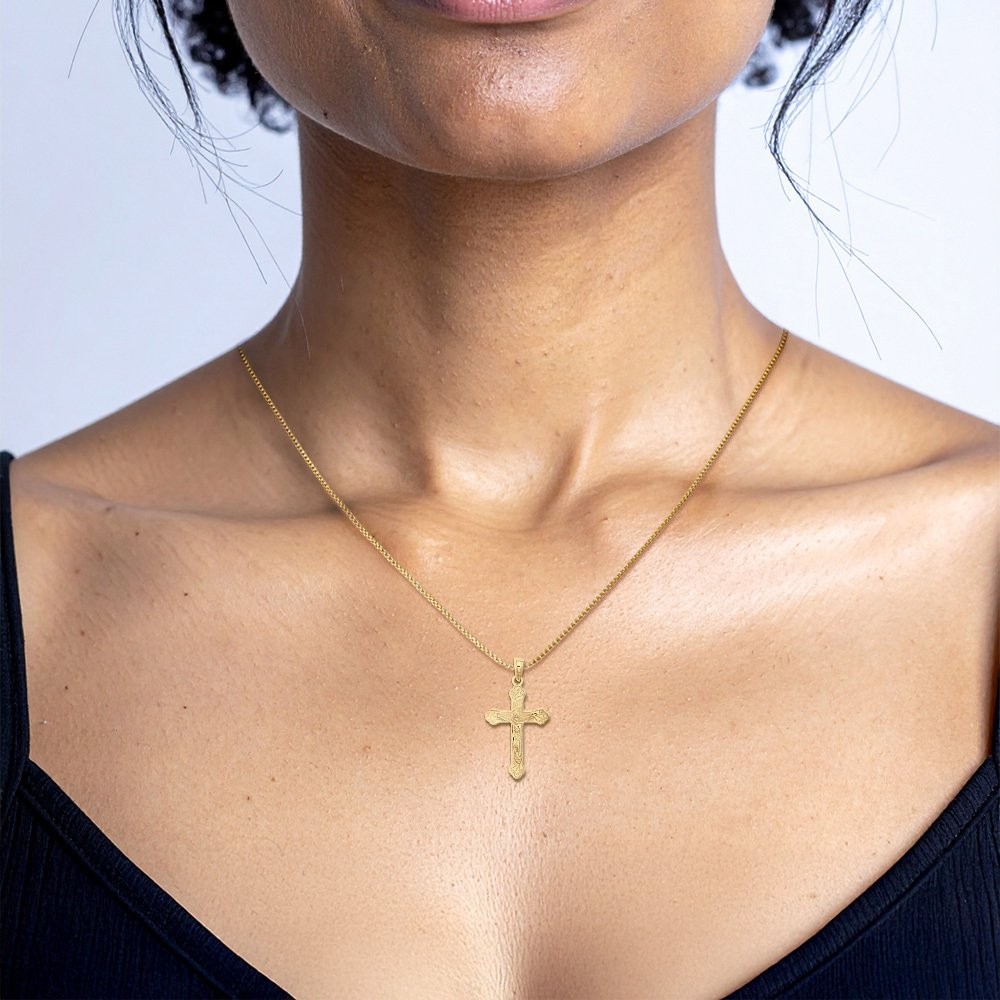 14K Solid Yellow Gold Medium Inri Jesus Crucifix Cross Pendant Necklace 25.8mm