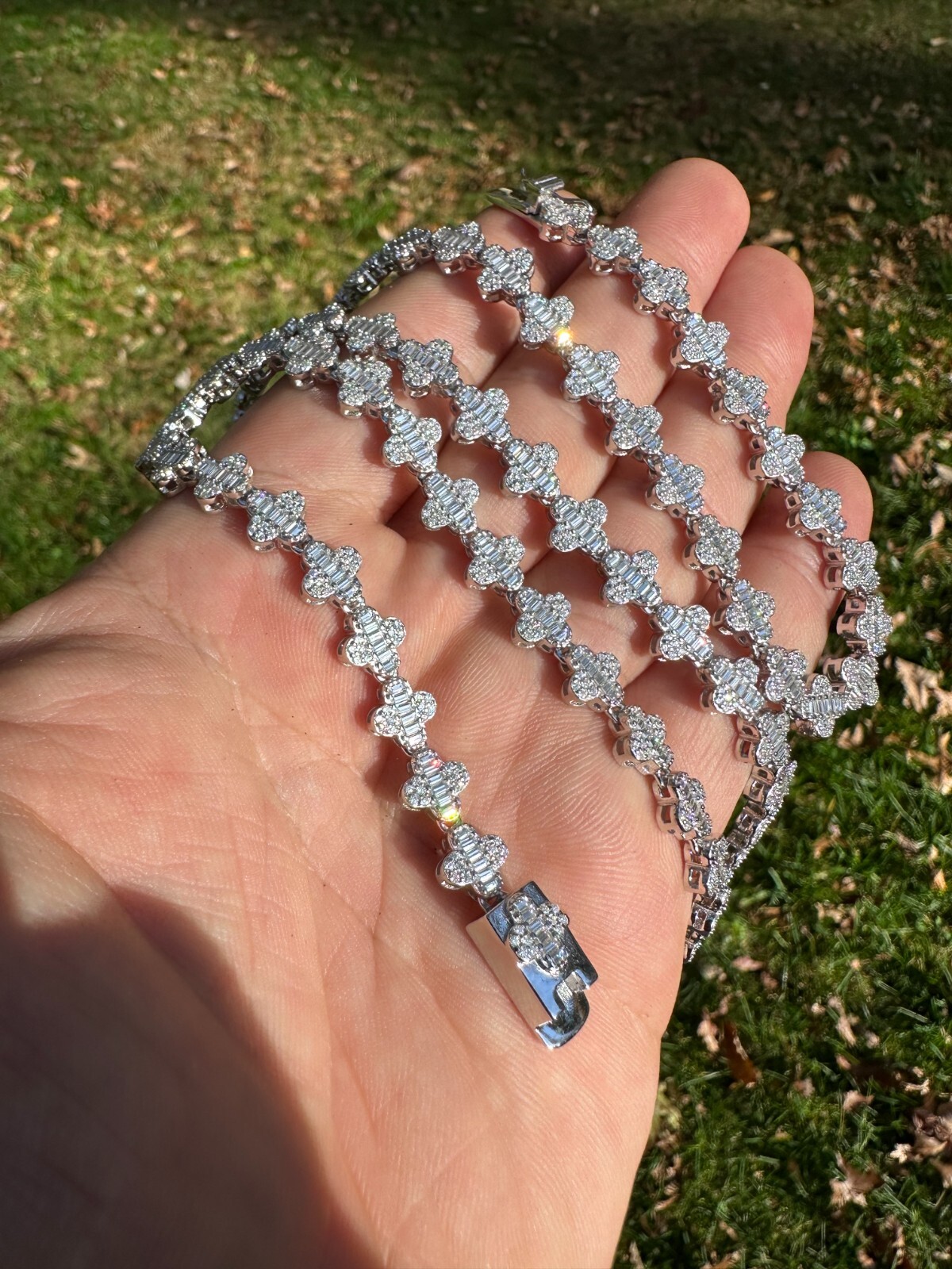 Real Iced MOISSANITE Baguette Clover Tennis Chain Necklace – VVS D Color 8mm