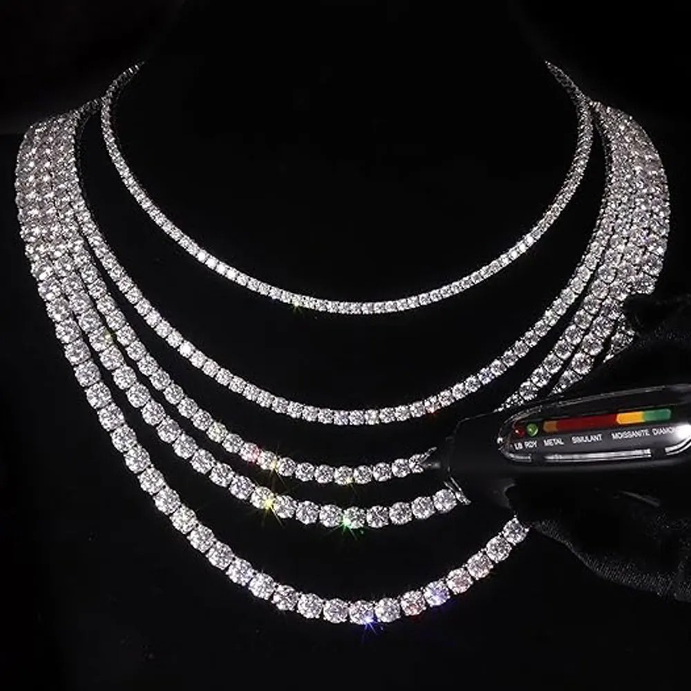 US 4mm D VVS1 MOISSANITE Tennis Chain Necklace – 925 Sterling Silver – Men Women