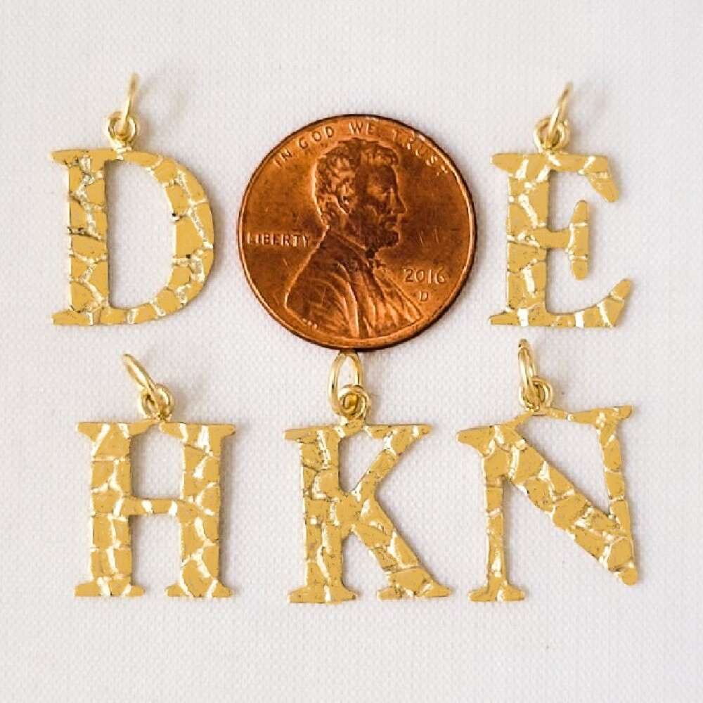 A to Z Any One 14K Yellow Gold Nugget Finish Letter Pendant Charm, Made in USA