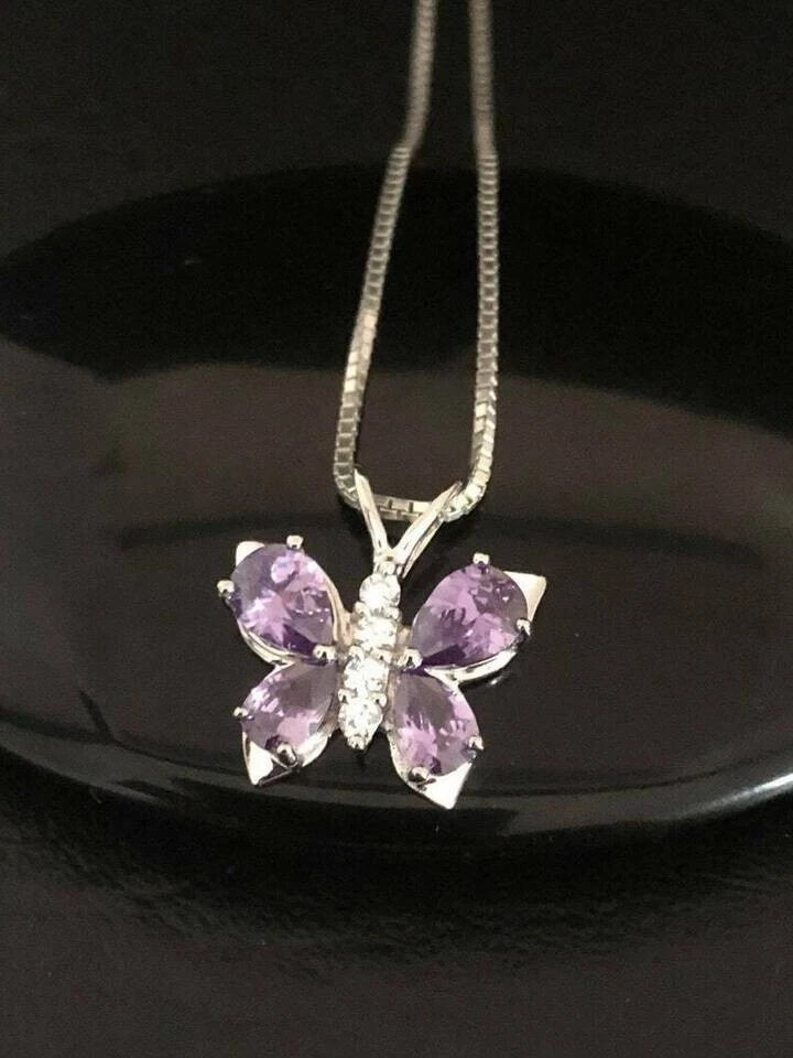 2Ct Pear Cut Amethyst Butterfly Pendant 14K White Gold Finish With 18″Free Chain