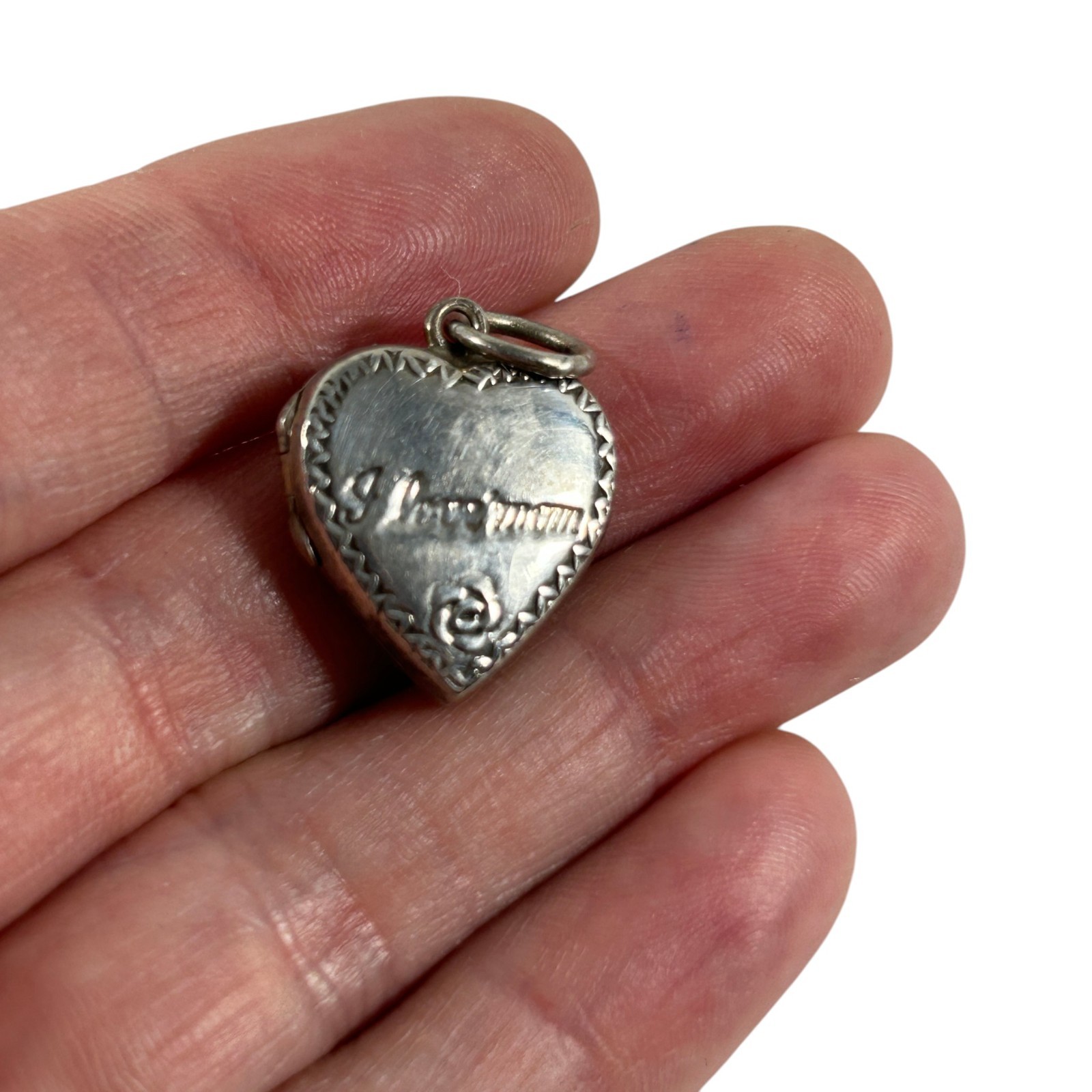 Vintage Sterling Silver 925 I Love Mom Heart Photo Locket Pendant Rose Delicate