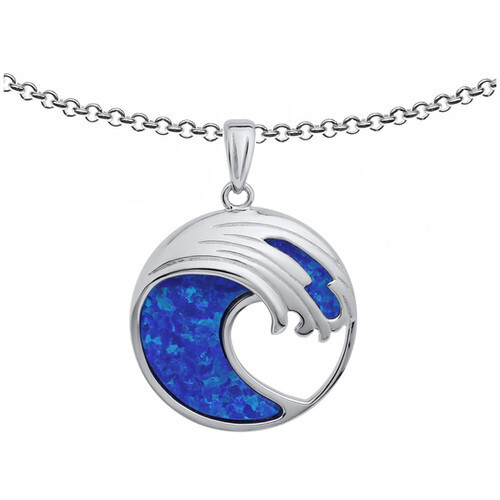 18″ .925 Sterling Silver Evening Tide ROUND WAVE OPAL INLAY Pendant Necklace