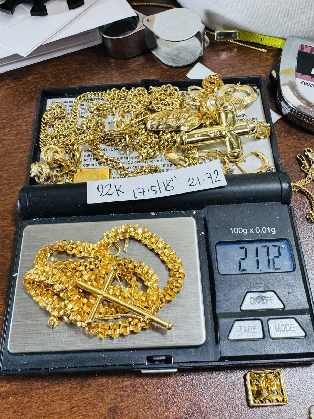 22K 916 22C Fine Real Gold 17.5”/18 inch Cross Necklace 21.7g 6mm