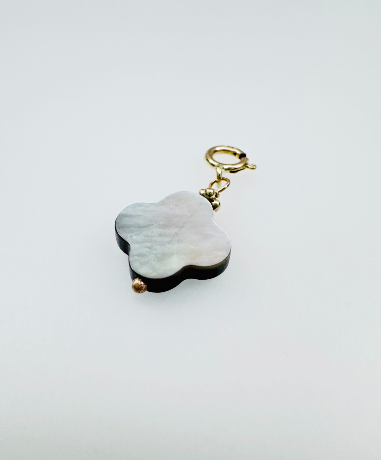 14K Solid Yellow Gold Black MOP Clover Flower Small Charm Pendant w/Spring Clasp
