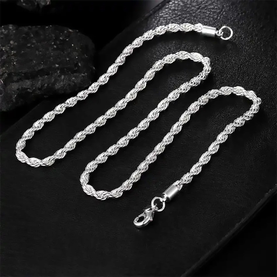 4mm Diamond Cut Solid 925 Sterling Silver Italian Rope Chain Men’s Necklace**