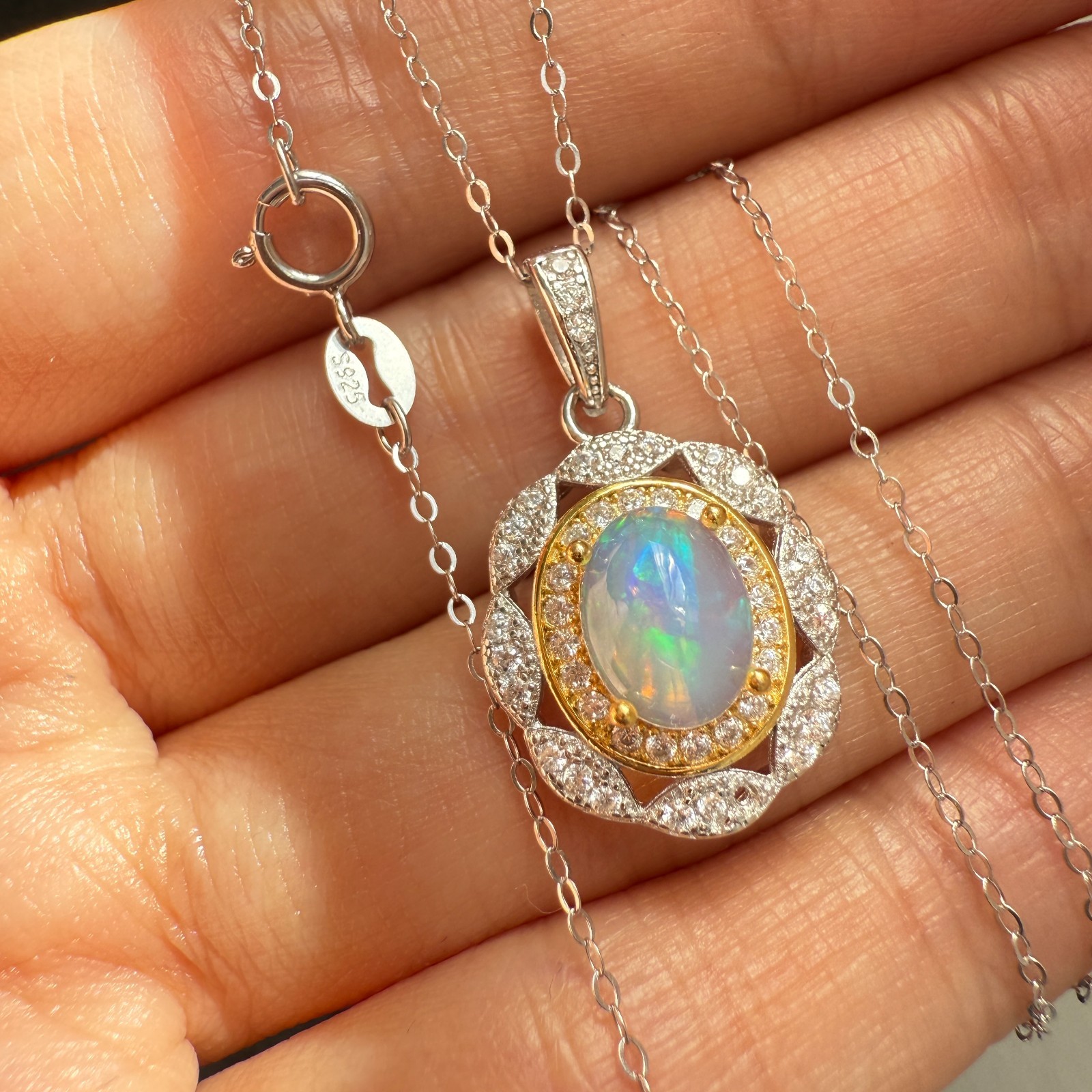 925 Sterling Silver Necklace 8x6mm Natural Opal Handmade Flower Birthstone