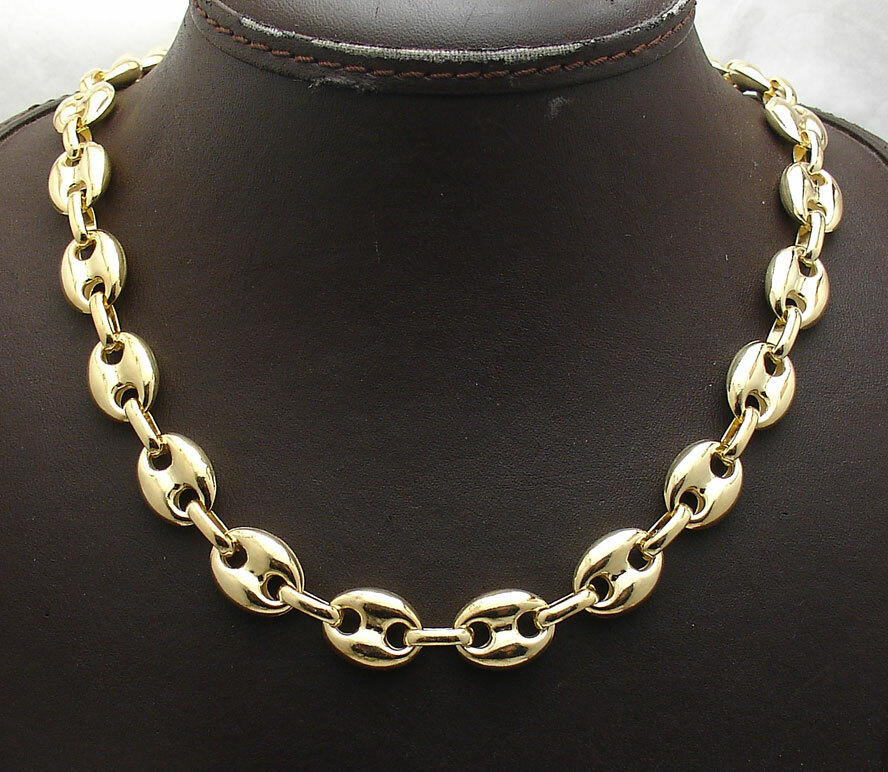 11mm Puffed Mariner Anchor Link Necklace Chain 14K Yellow Gold Plated 925 Silver