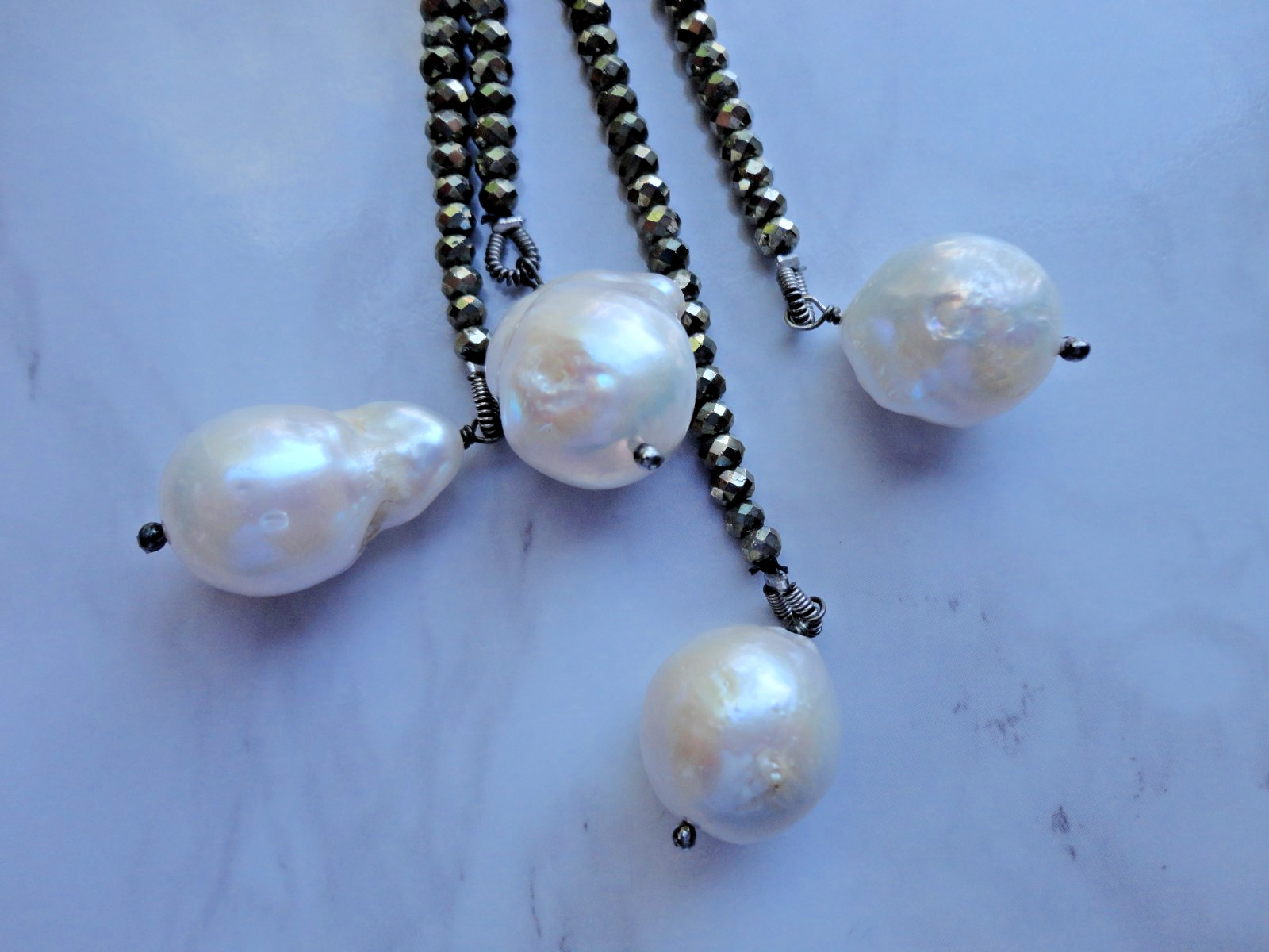 VTG ESTATE 925 INDIA BAROQUE PEARL PYRITE LARIAT BEADED DOUBLE NECKLACE 44″