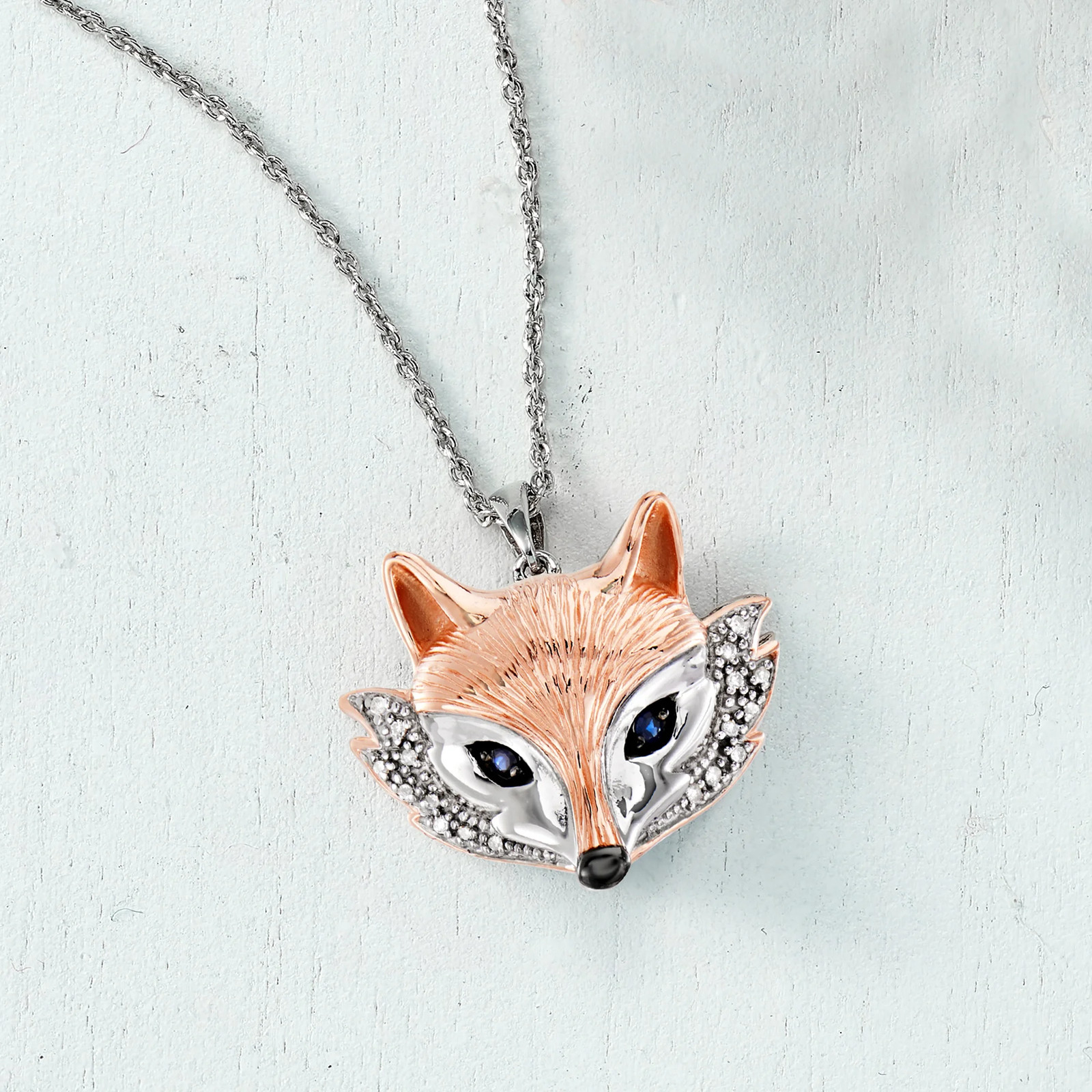 Silver & 18k Rose Gold Plate Fox Ncklc w Diamonds & Sapphires 20 inches