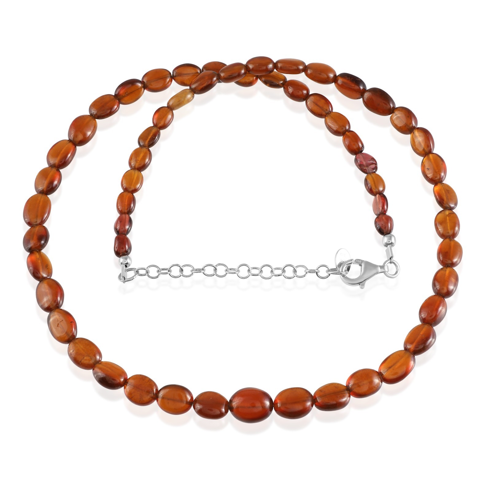 100%Natural Hessonite Garnet Stone Beaded Handmade Necklace Oval 925 Silver