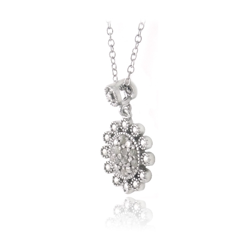 925 Silver 1/10ct Diamond Flower Dangle Necklace, 18″