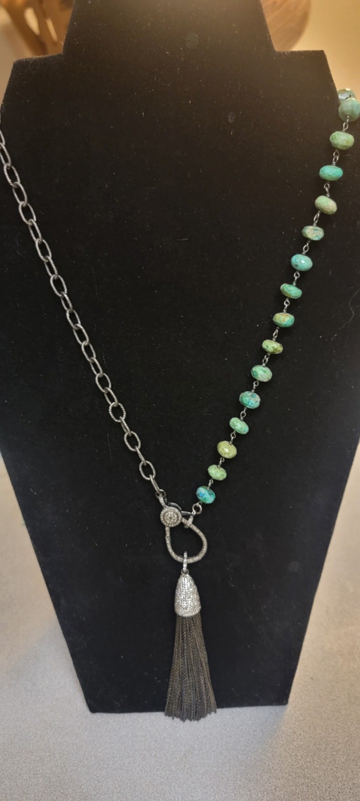 Paved Black Diamond Oxidized Sterling Tassel & Turquoise Beaded Chain 30″ Long