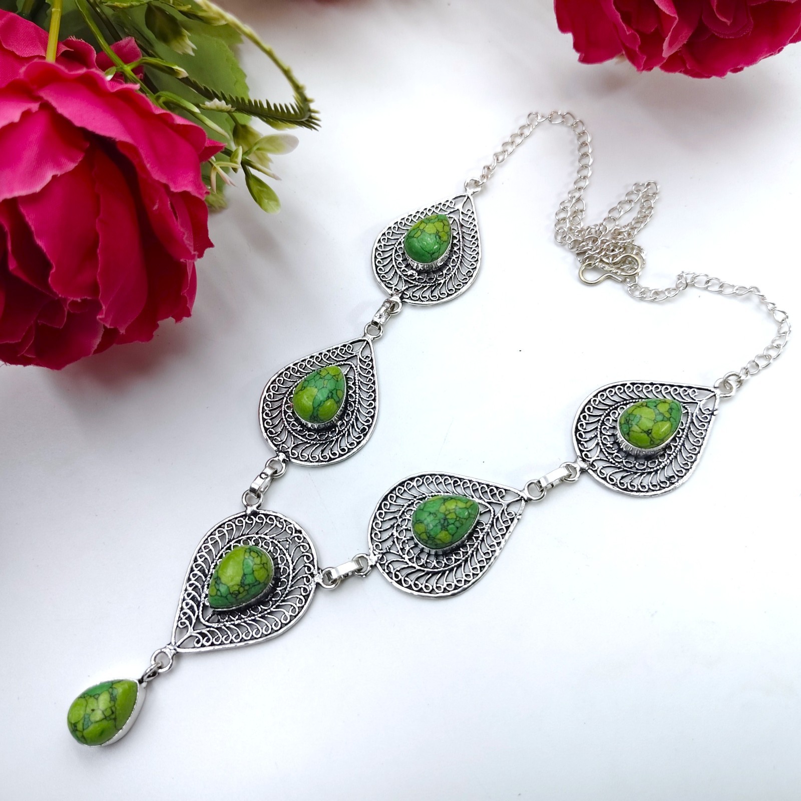 Green Turquoise Gemstone Handmade 925 Sterling Silver Jewelry Necklace Sz-17-18″