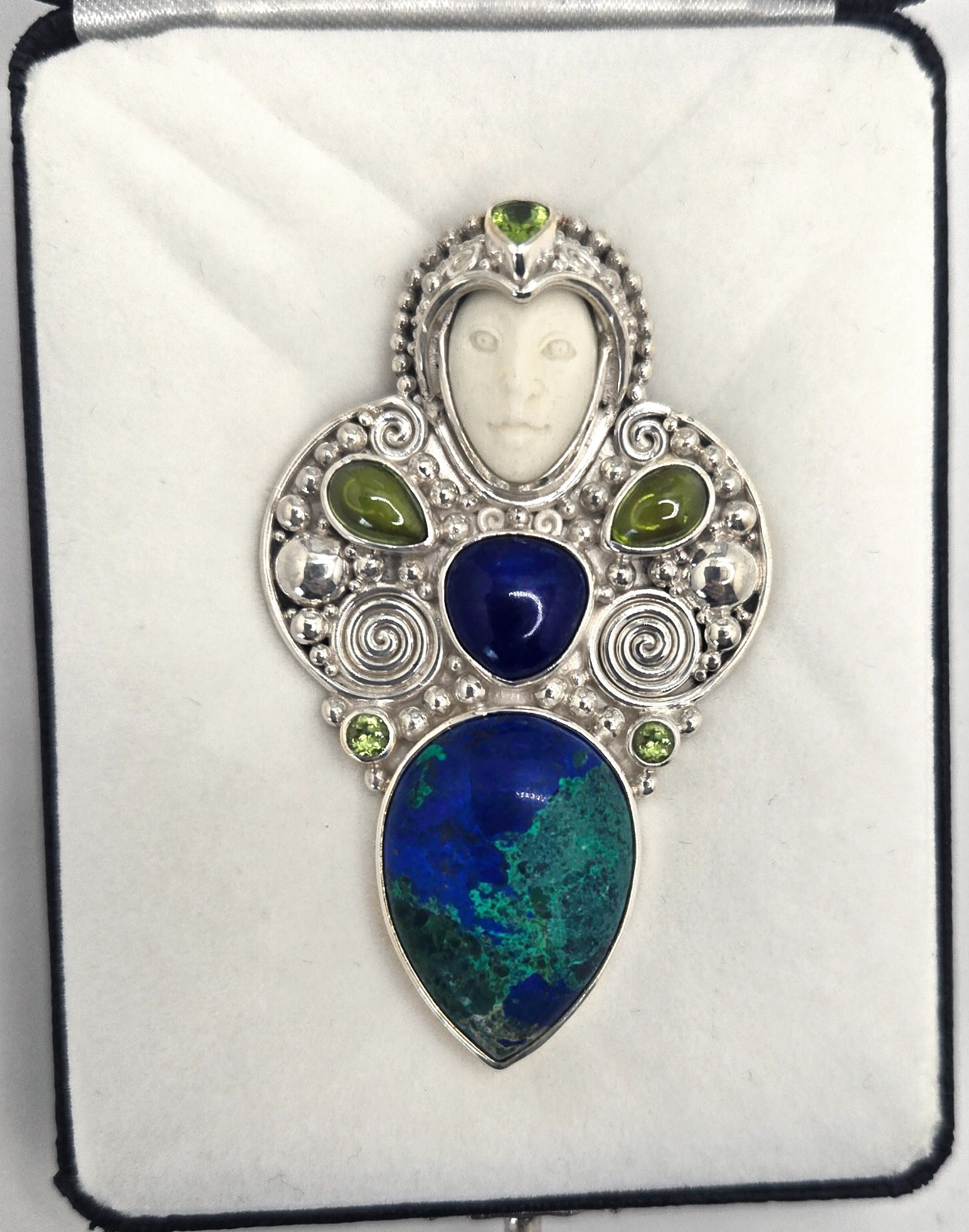Sterling Silver Boho Goddess Maiden Pendant 925 Lapis Azurite, Peridot and Bone