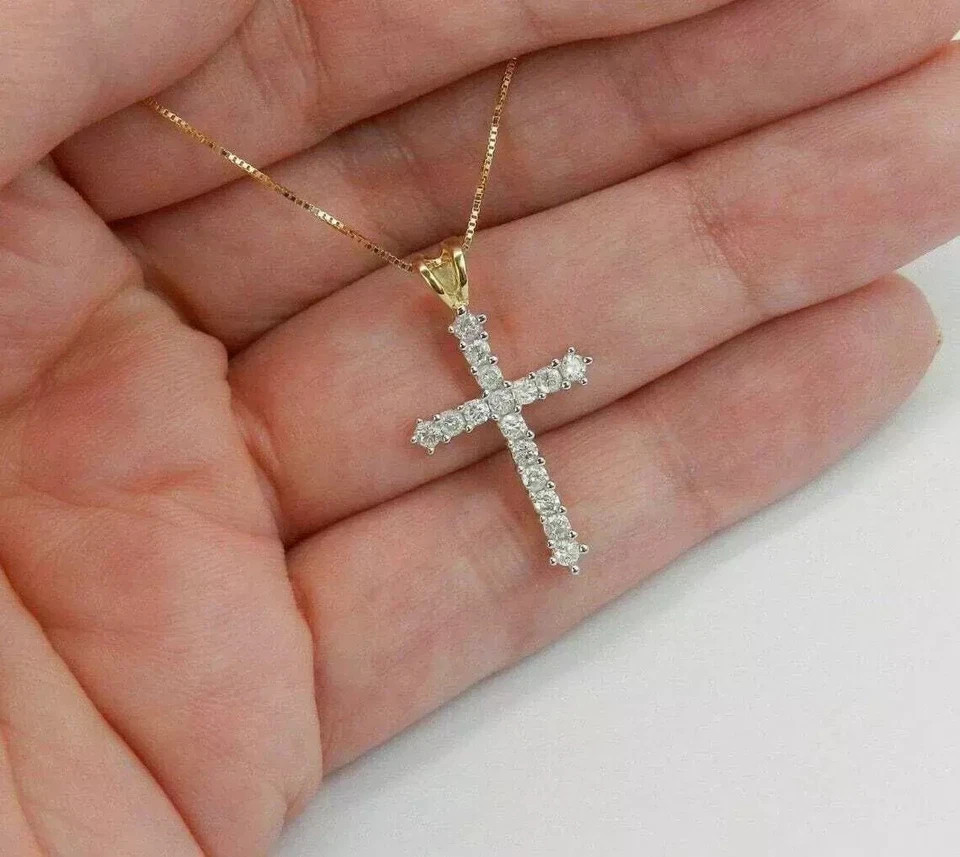 2CT Lab Created Diamond Cross Pendant Necklace 14K Yellow Gold Plated Free Chain
