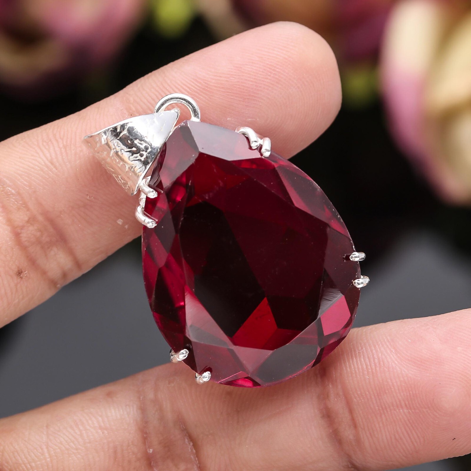 Red Garnet Gemstone Solid Pendant 925 Sterling Silver Handmade Jewlery For Gift