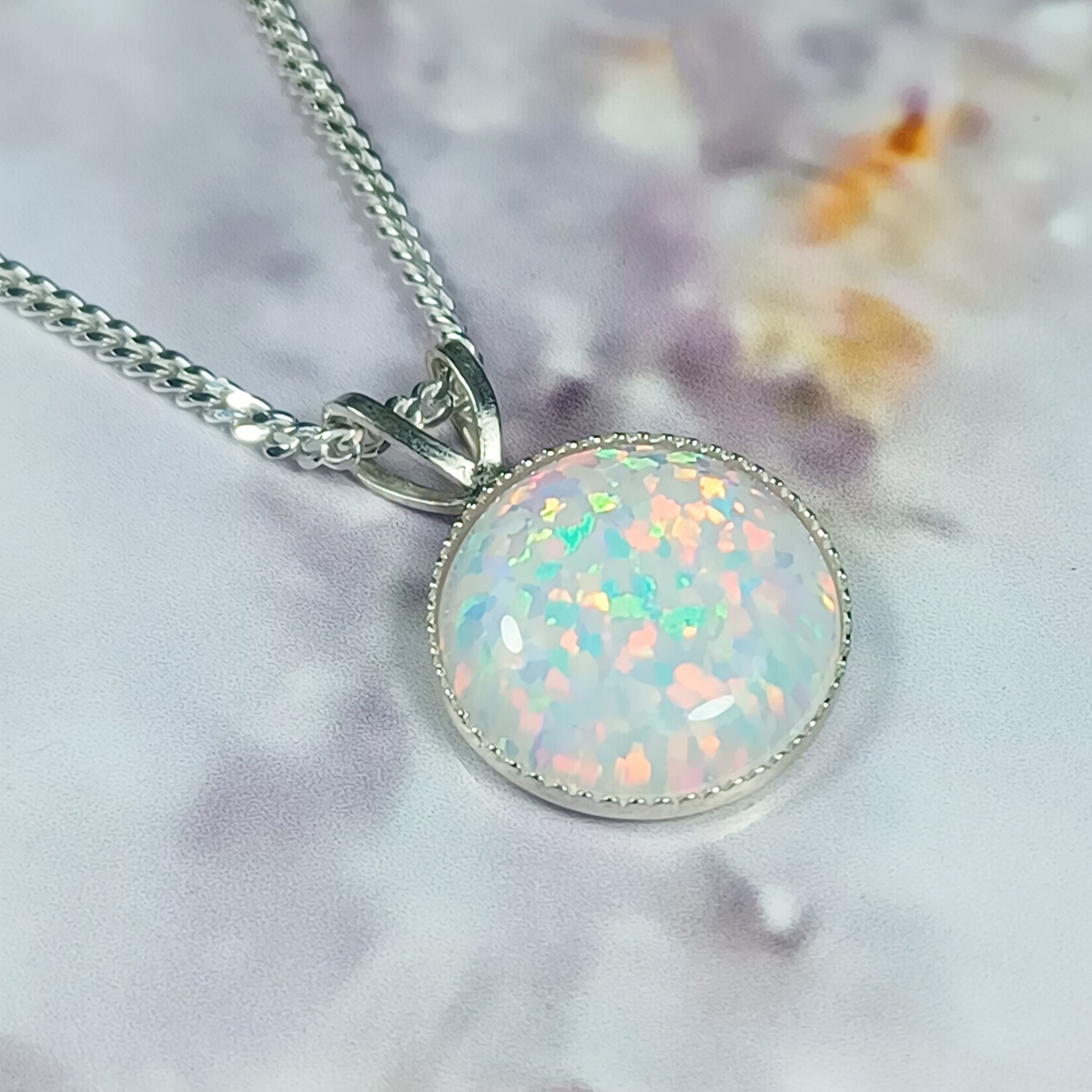 10mm ROUND LAB CREATED WHITE OPAL CABOCHON 925 STERLING SILVER PENDANT CHAIN