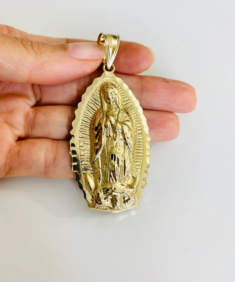 10K Solid Gold Virgin Mary Pendant- 2.6″ 10K Solid Gold Virgin of Guadalupe -G85