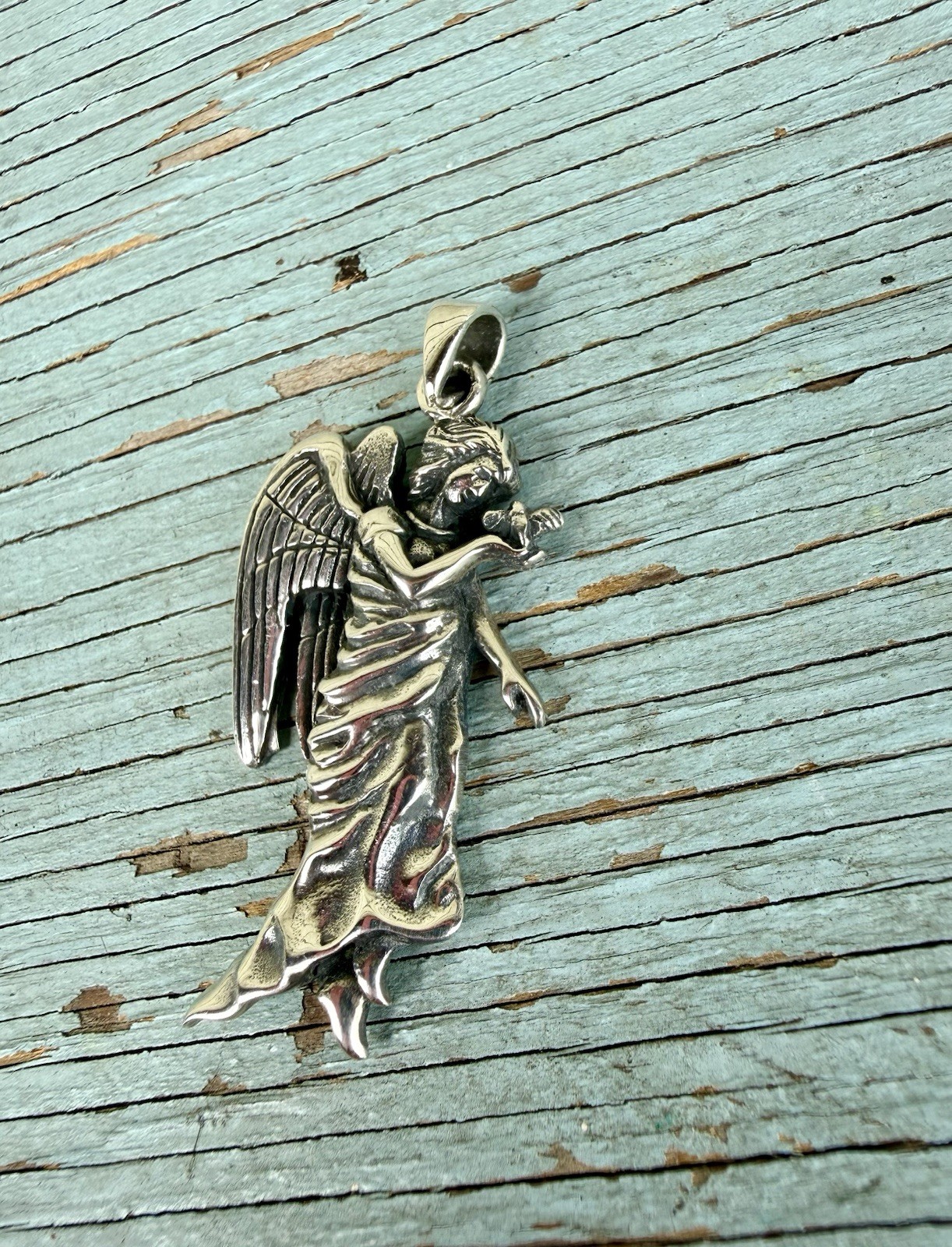 Heavy Sterling Silver 925 Guardian Angel Holding A Bird Pendant For Necklace 2”