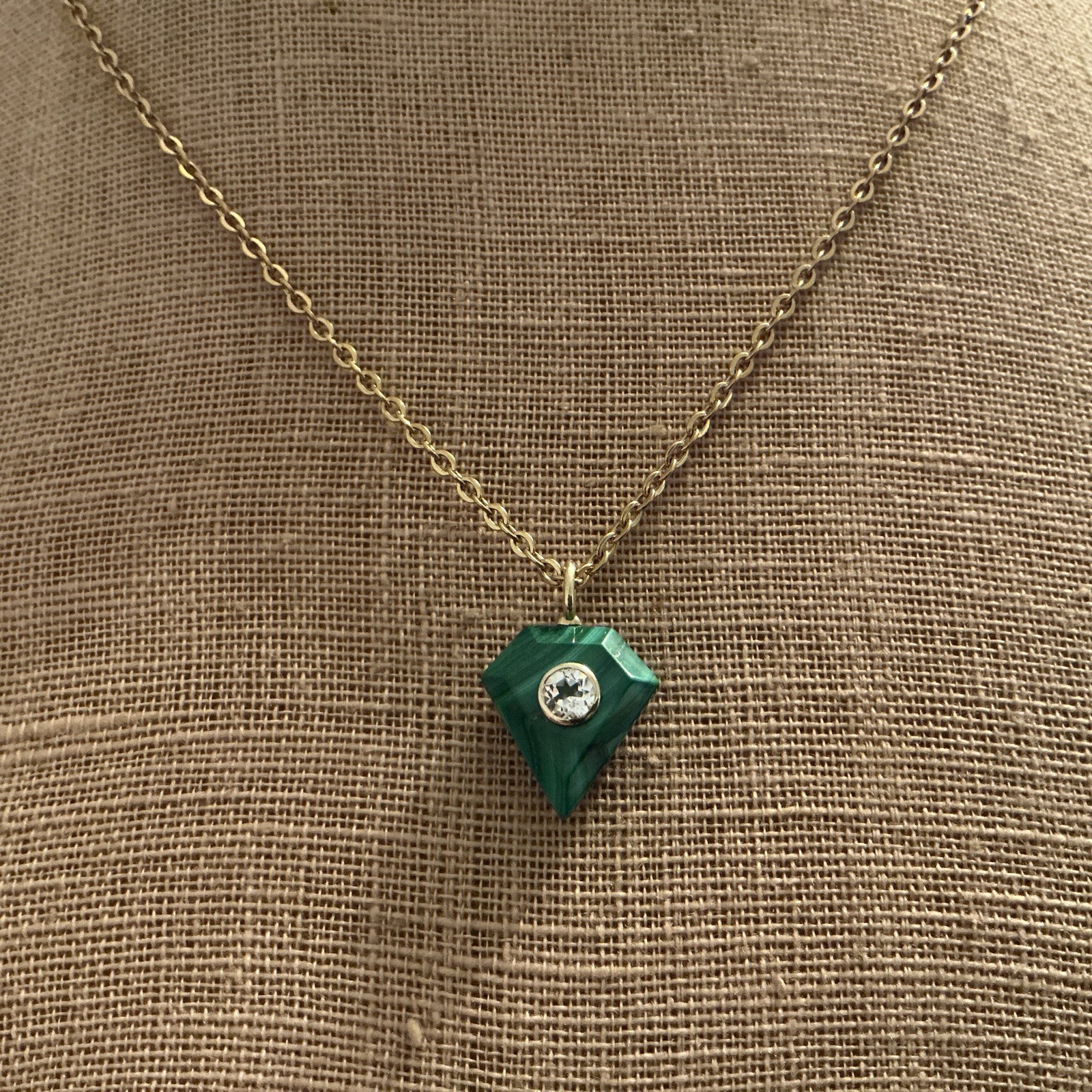 NEW Artisan Handmade GP Sterling Shield Malachite Bezel Topaz Stainless Necklace