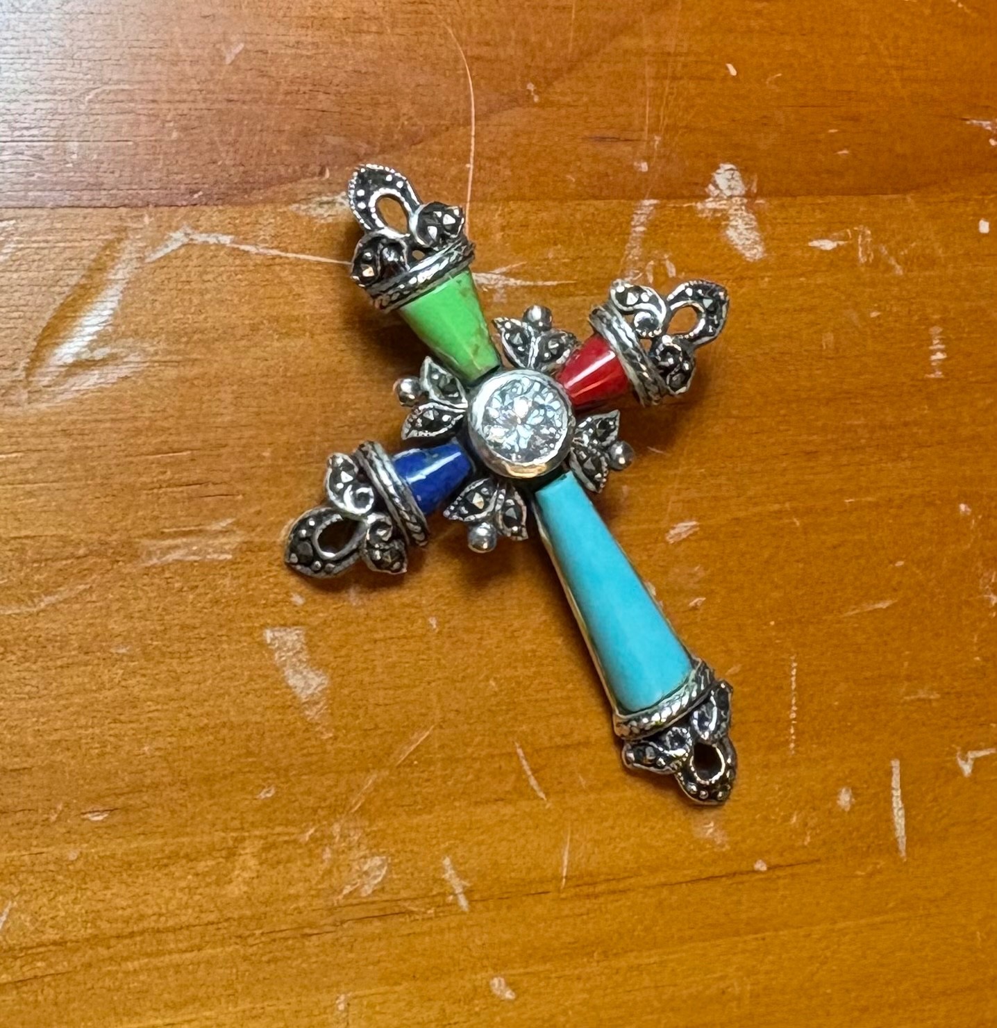925 Sterling Silver Cross Pendant Turquoise Coral Lapis 2″ 7.16 grams CZ Gemston