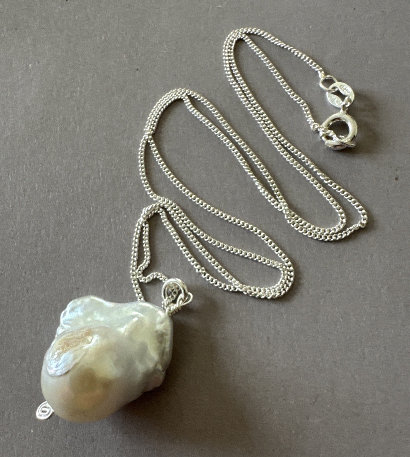 Sterling Silver 925 21mm Freshwater Pearl Pendant Italy 18” Curb Chain Necklace