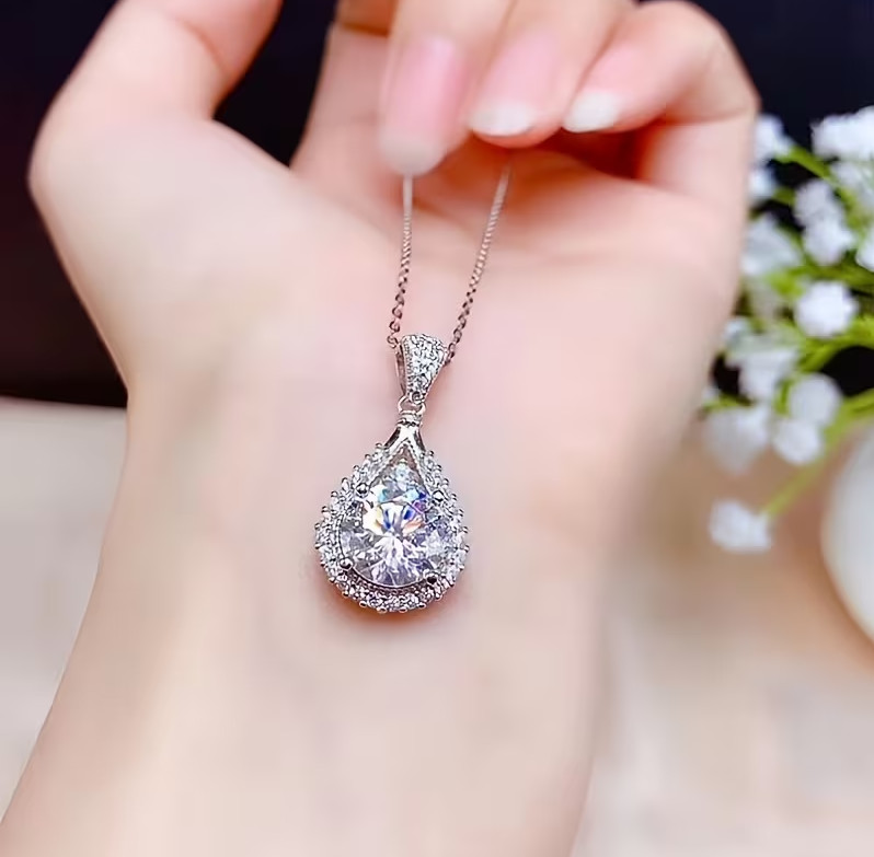 Sparkling White Moissanite Wedding Halo Pendant 14k White Gold 2.50 CT Round Cut
