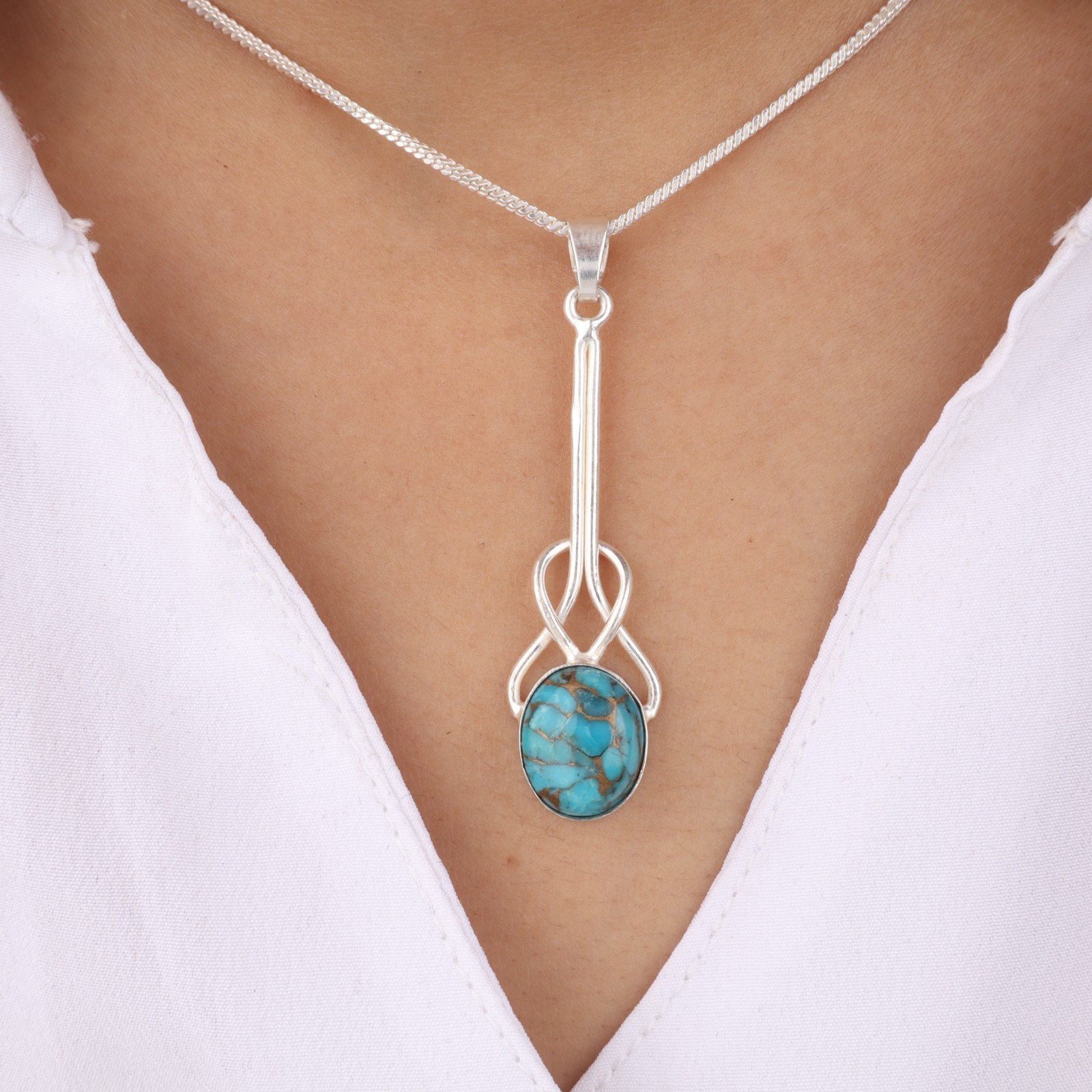 Blue Copper Turquoise Gemstone 925 Sterling Silver Jewelry Handmade Pendant1.79″