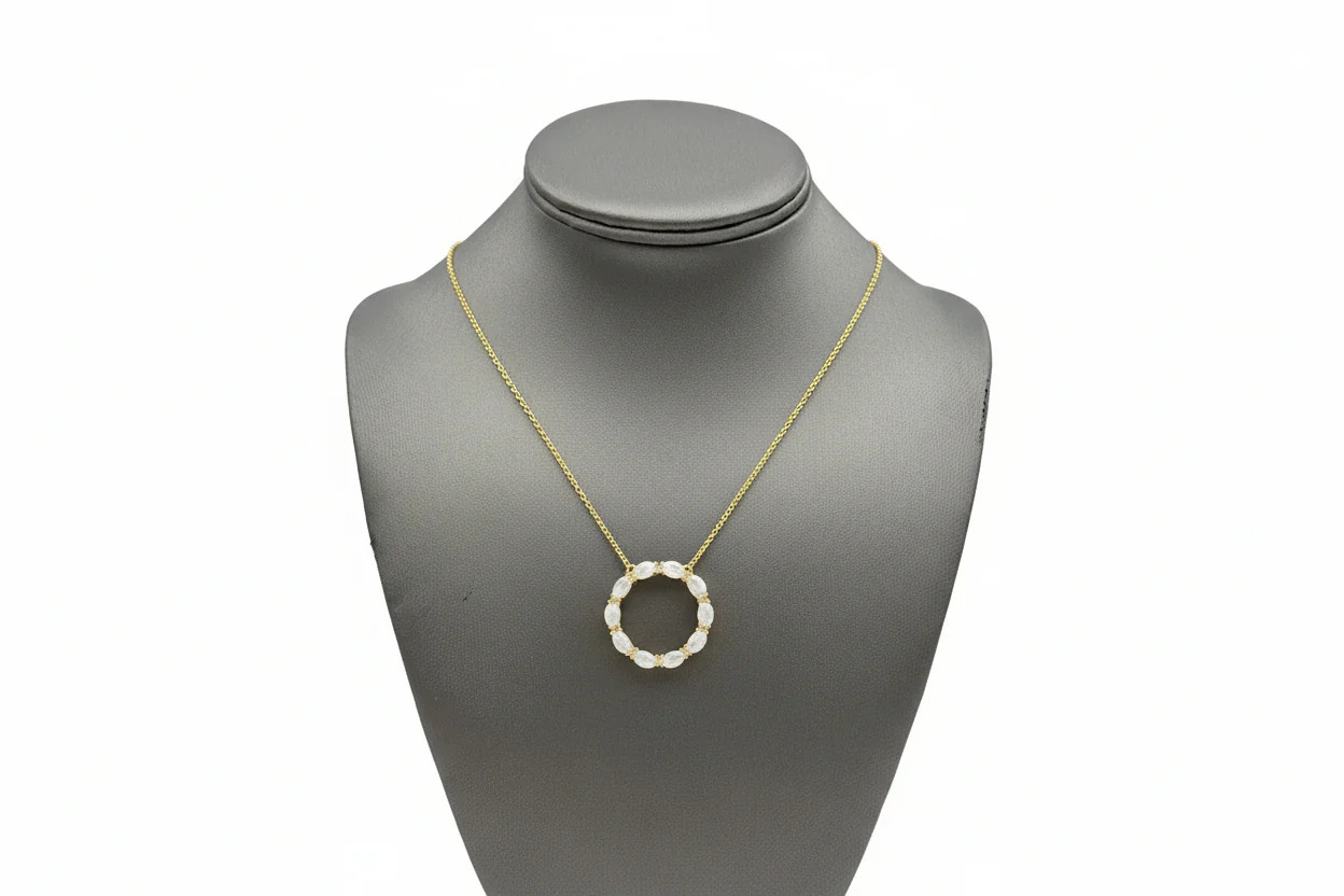 Opaque Moonstone Goldclad Sterling Silver Circle Pendant with Chain 18″