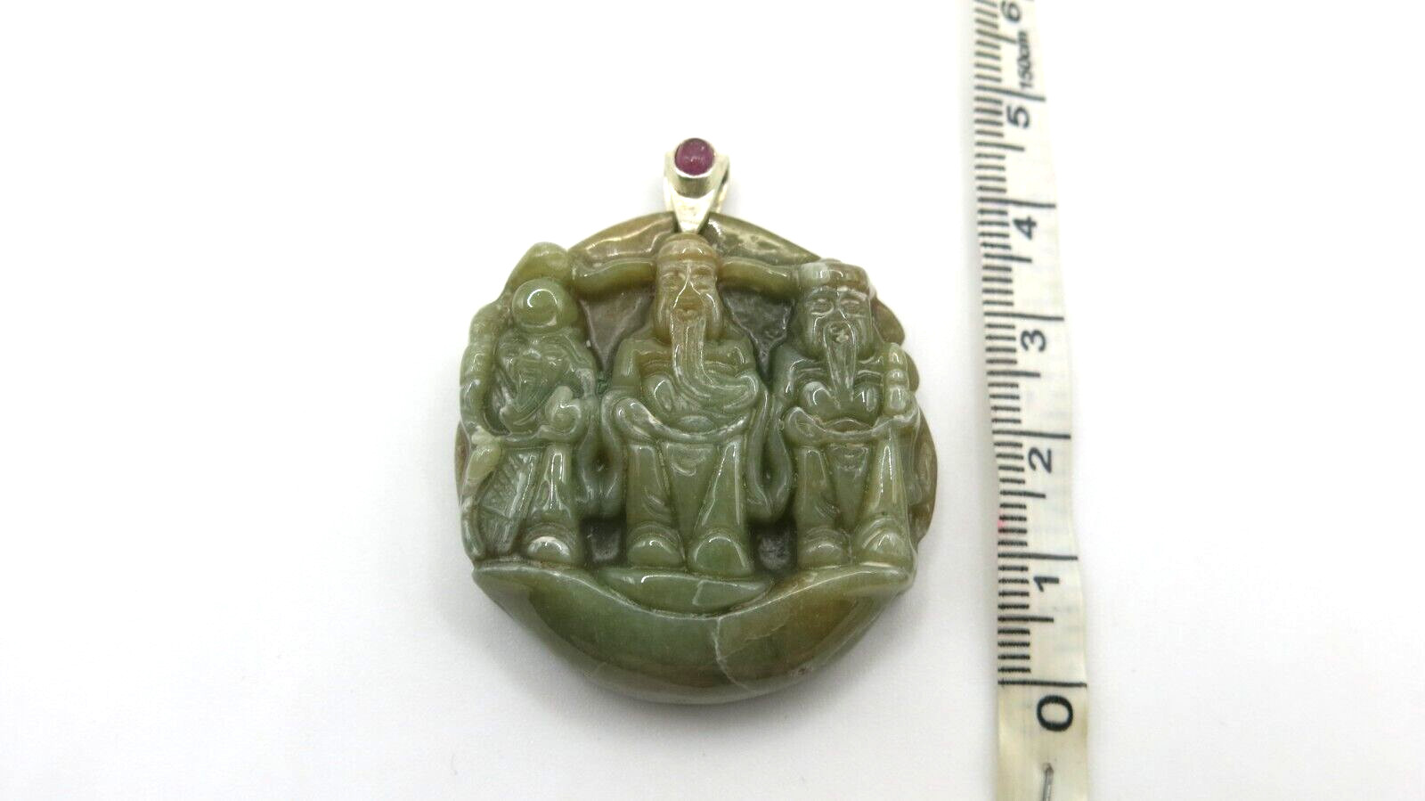 Natural Jade Pendant Carved Fu Lu Shou Three Auspicious Chinese Gods Feng Shui