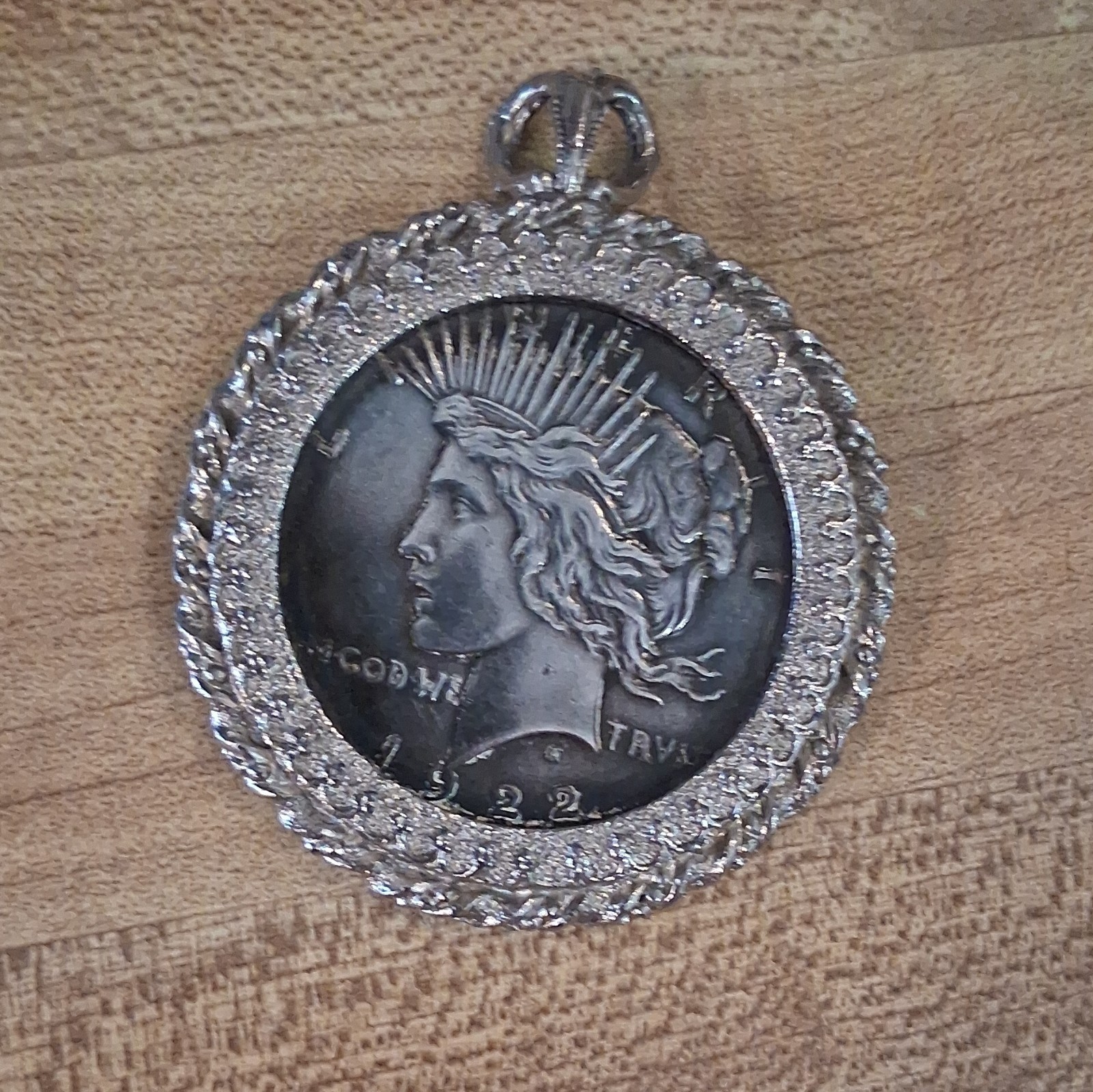 1922 Peace Silver Dollar 925 B&B Sterling Silver Coin Pendant Round Rope Bezel