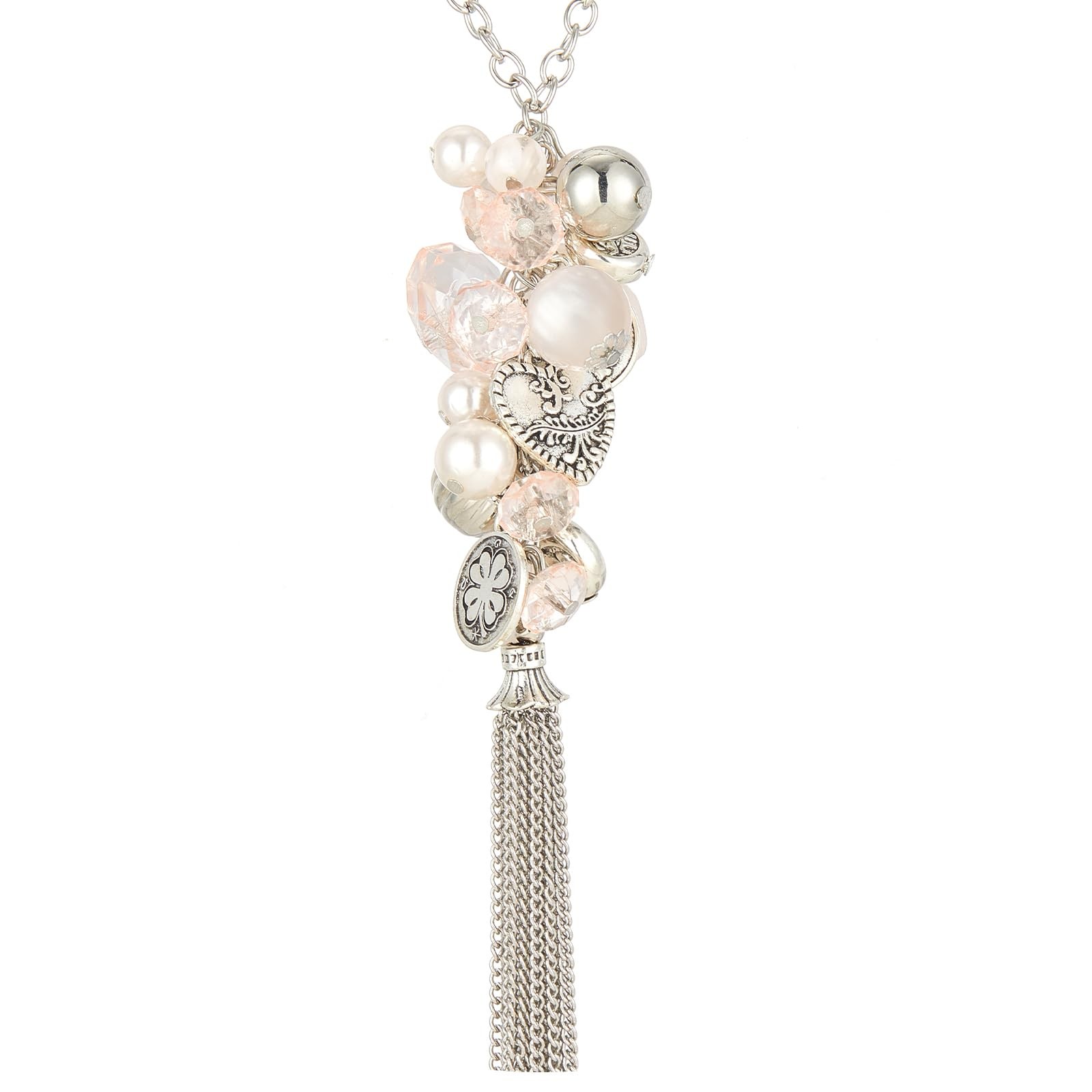 Silver Long Tassel Necklaces for Women Boho Chain Necklace with Tassel Beaded Pe