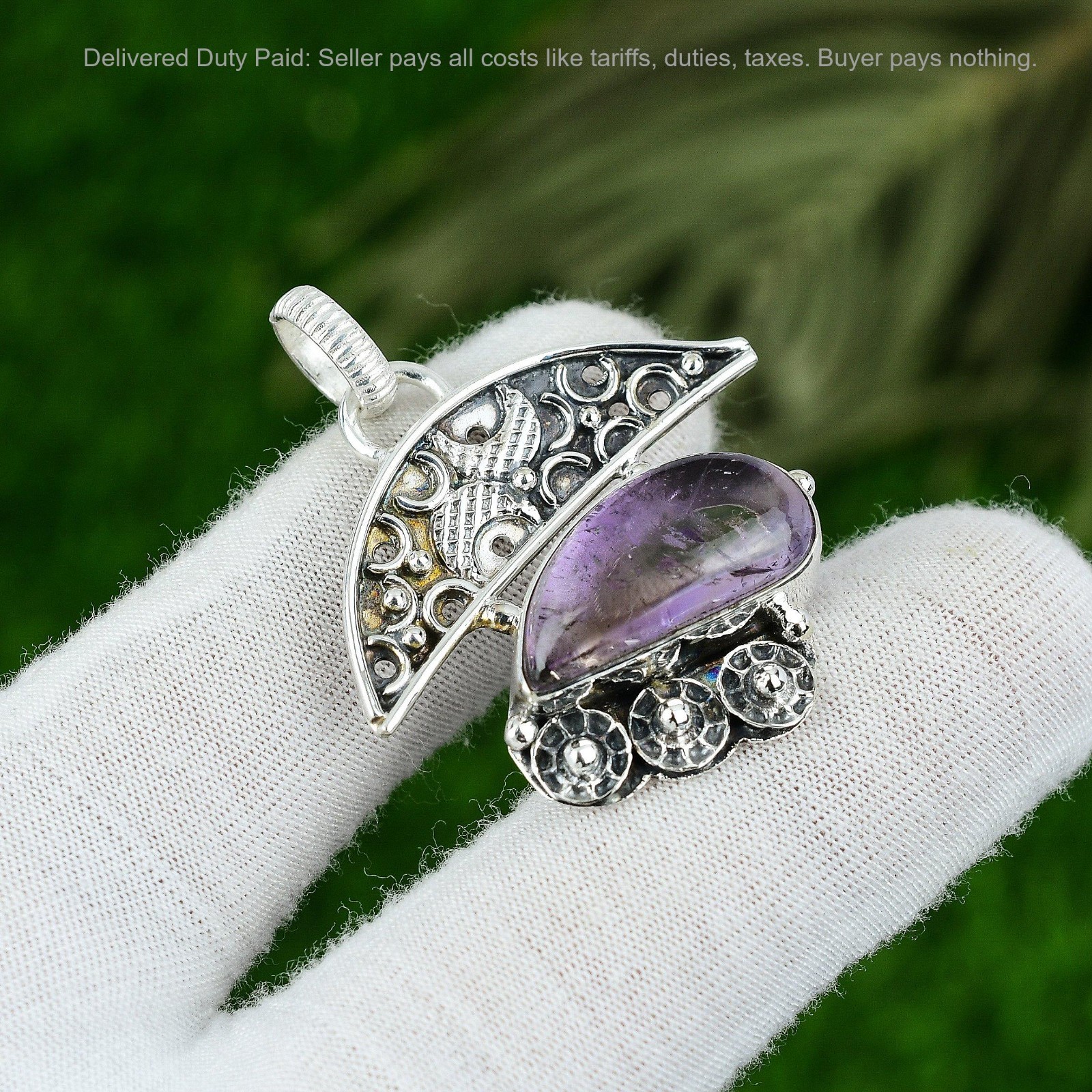 Valentines Sale Sterling Silver Pear Star Amethyst Stone Handcrafted New Pendant