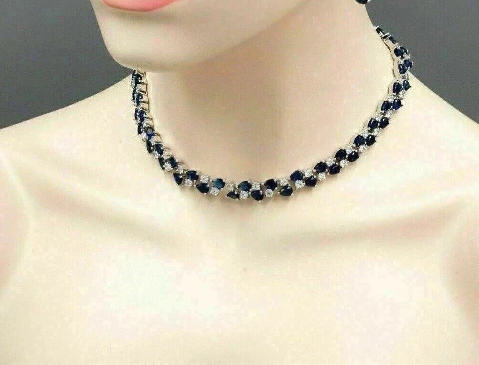 16Ct Pear Cut Lab Created Sapphire Women’s Tennis Necklace 14k White Gold Finish