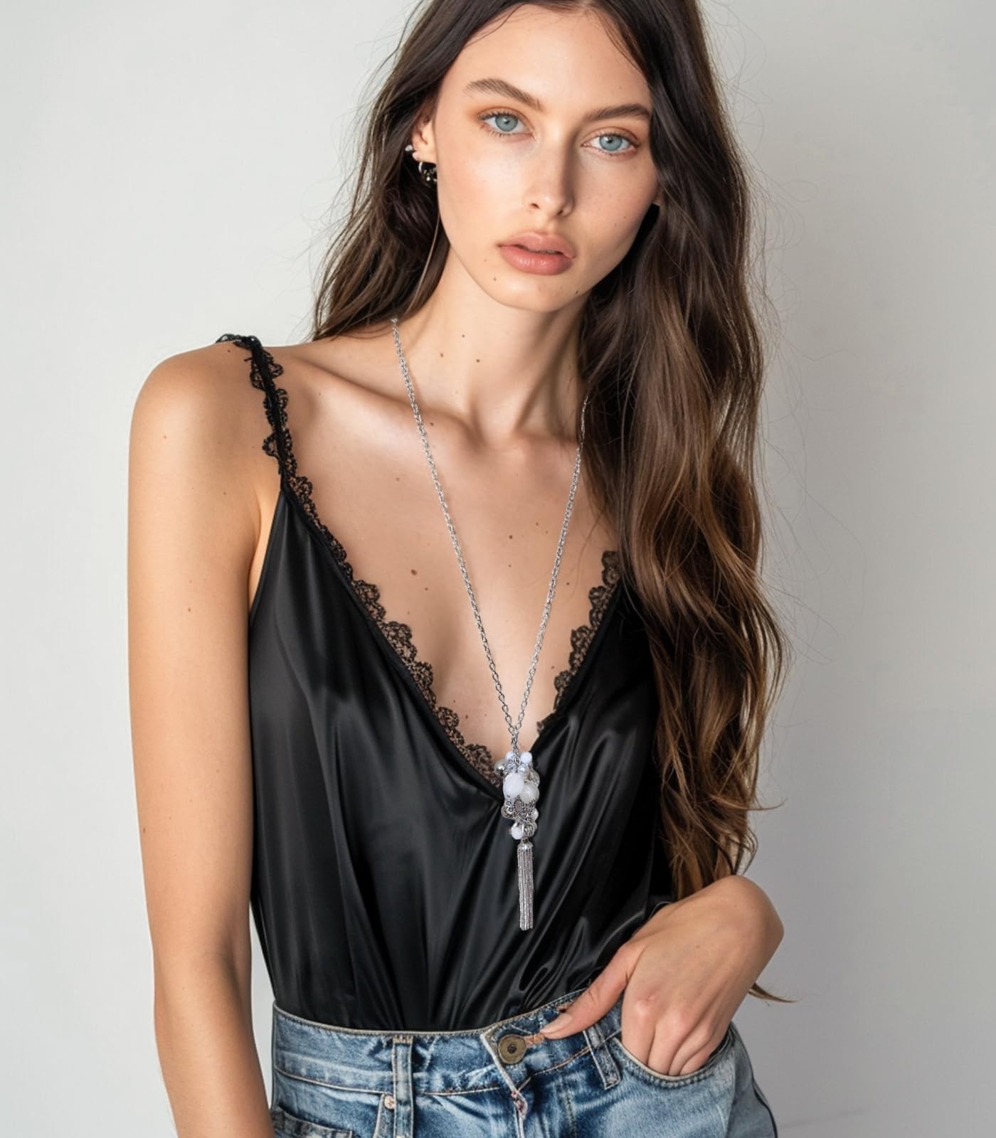 Silver Long Tassel Necklaces for Women Boho Chain Necklace with Tassel Beaded Pe