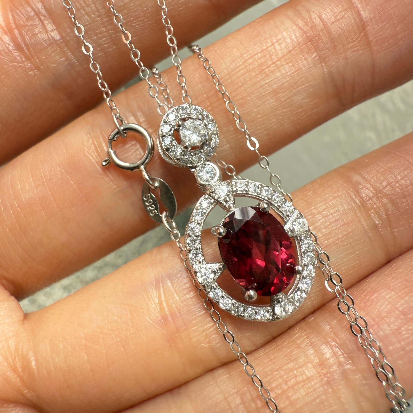 925 Sterling Silver Necklace 8x6mm Natural Garnet Zircon Flower Handmade Chain