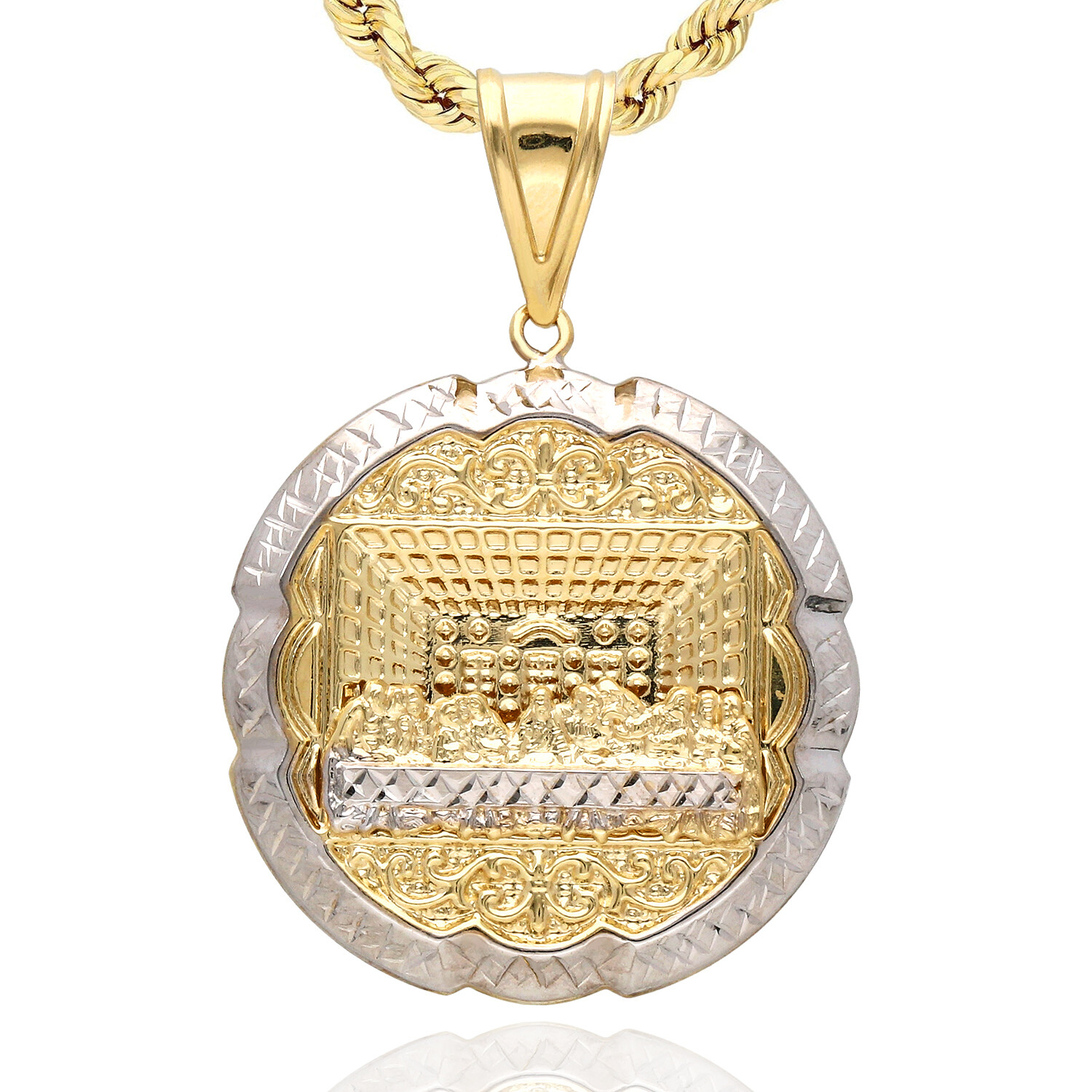 14K Yellow Gold Diamond-Cut 3D Apostles The Last Supper Round Pendant 1″-2″