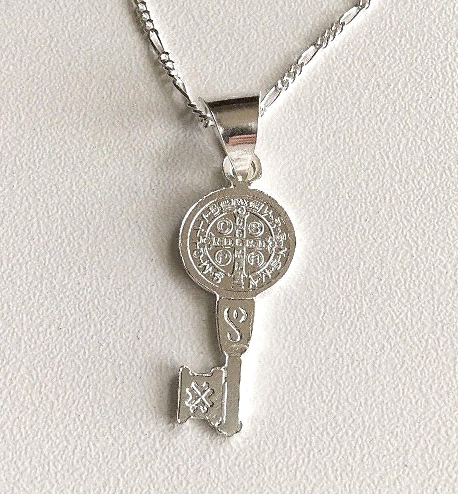 STERLING SILVER SAINT BENEDICT KEY 18″/CADENA DE SAN BENITO LLAVE 18″ – 32x11mm