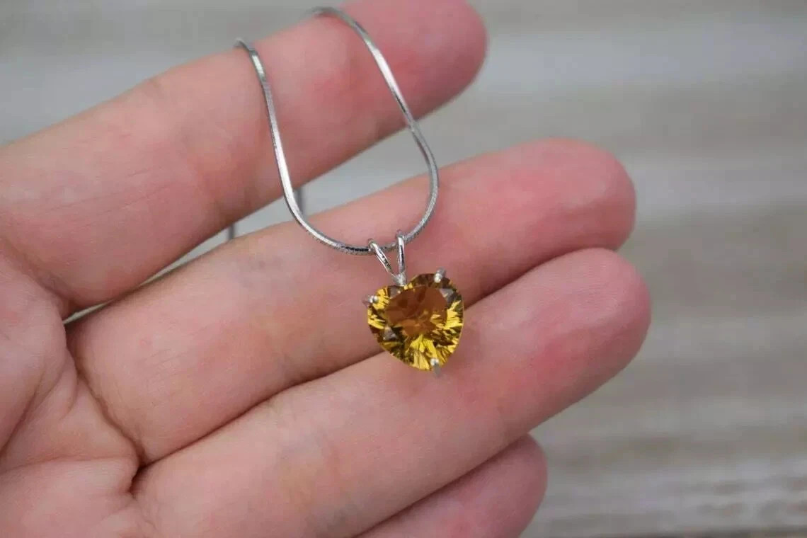 2Ct Heart Cut Yellow Citrine Solitaire Pendant 14K White Gold Finish