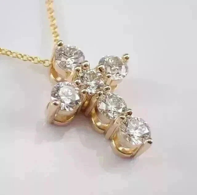 Lab Grown Diamond Small Cross Pendant 1.40 Ct Round Cut 14K Yellow Gold Plated
