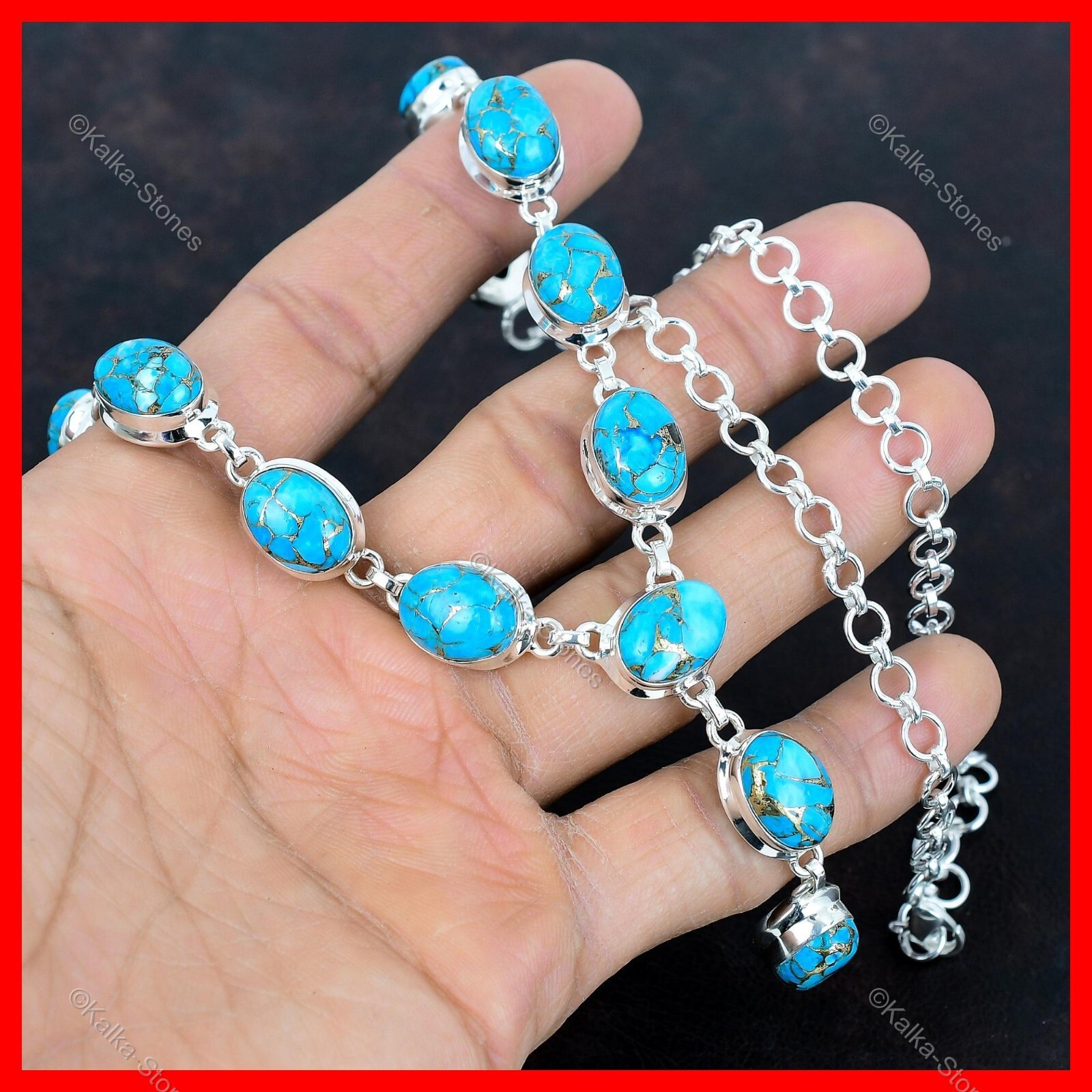 Copper Blue Turquoise Stone Chain Mother Trendy Necklace Jewelry Sterling Silver