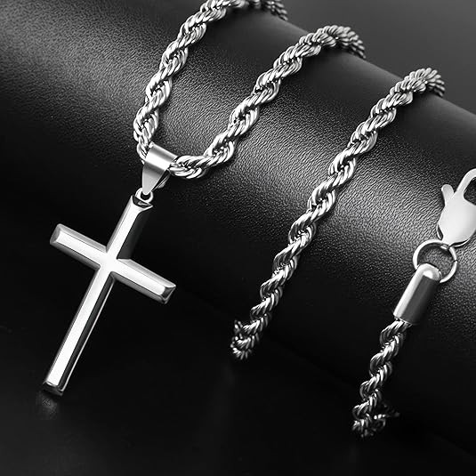 925 silver cross pendant for men and women, simple rope chain necklace