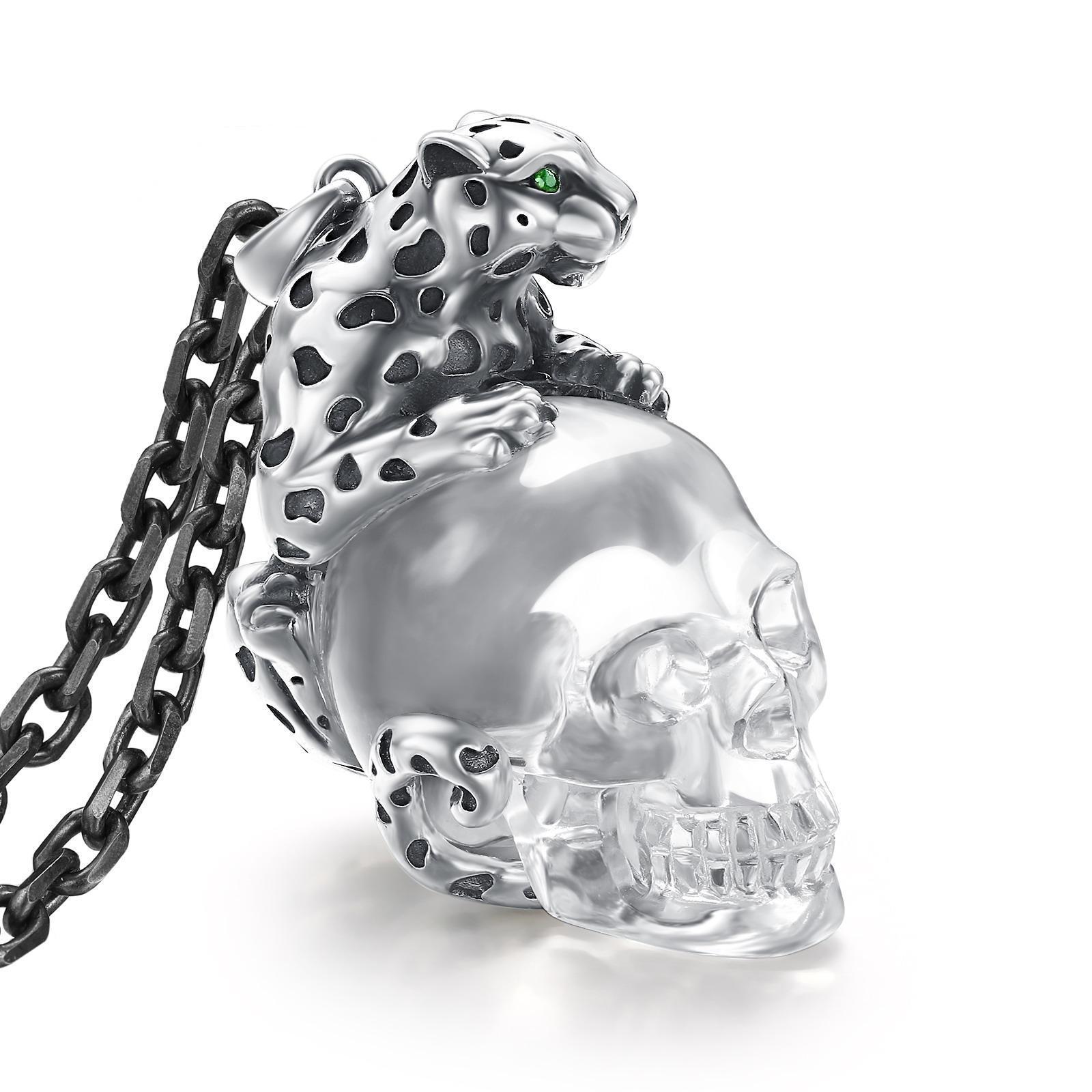 Necklace of Quartz & 925 Sterling Silver leopard Carved Crystal Skull Pendant
