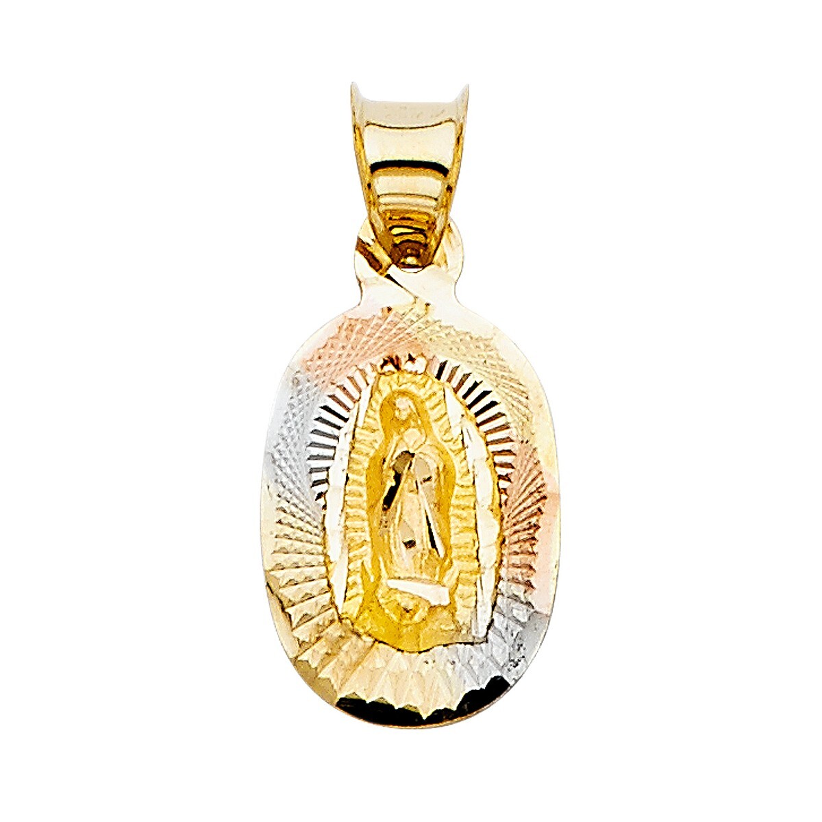 14K Tri Color Gold Diamond Cut Guadlupe Stamp Religious Pendant