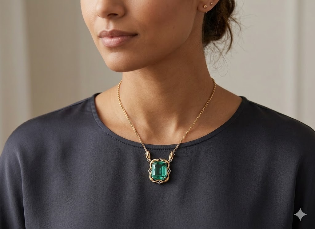 Vintage-Inspired Pendant 4CT Natural Green Emerald & Sapphire 14k Yellow Gold
