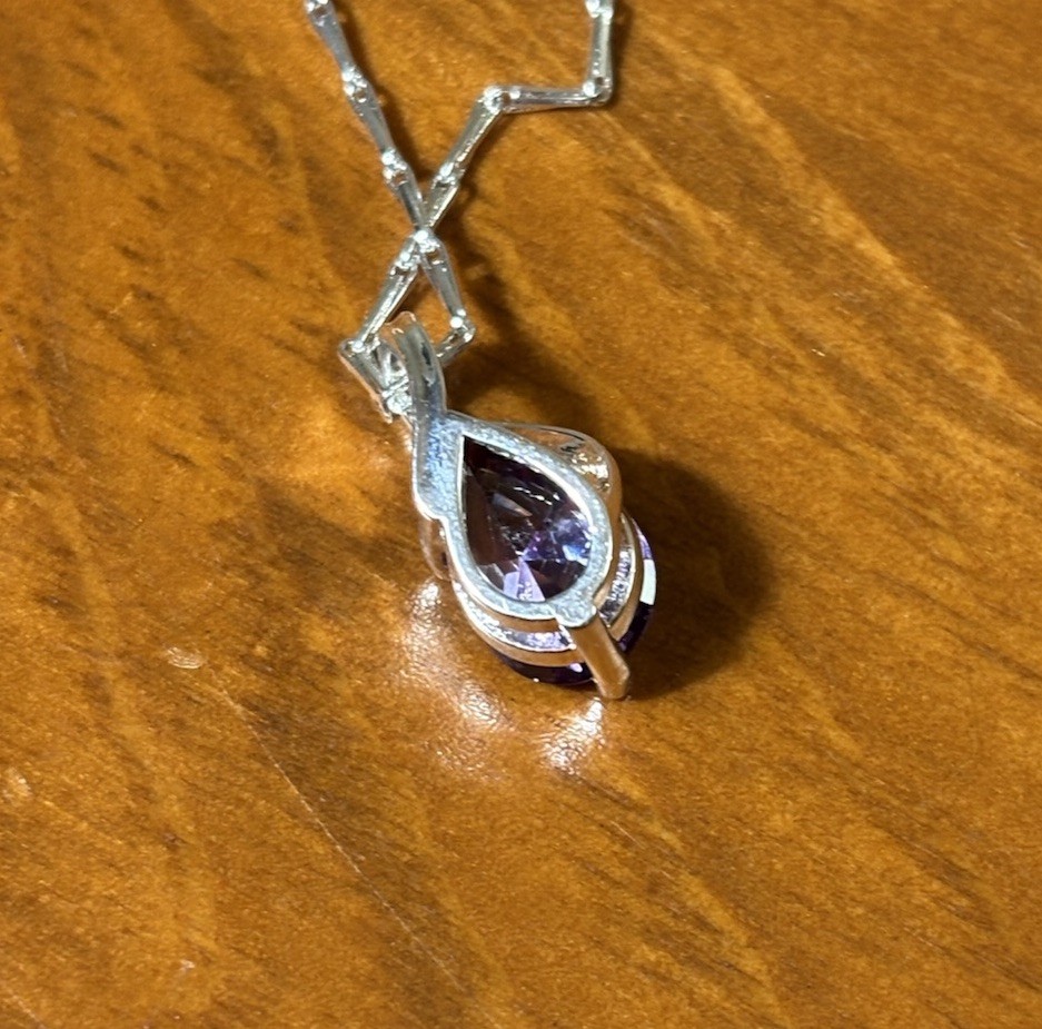 925 Sterling Silver Natural Amethyst Necklace Oval Pendant 18″ Bar Link